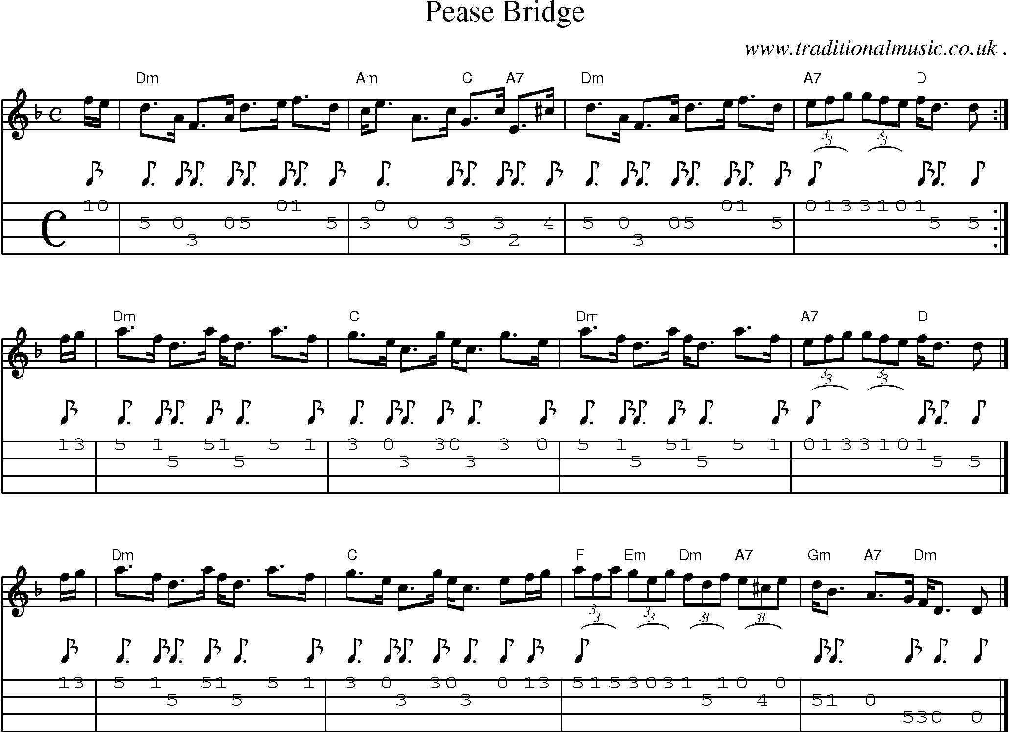 Sheet-music  score, Chords and Mandolin Tabs for Pease Bridge
