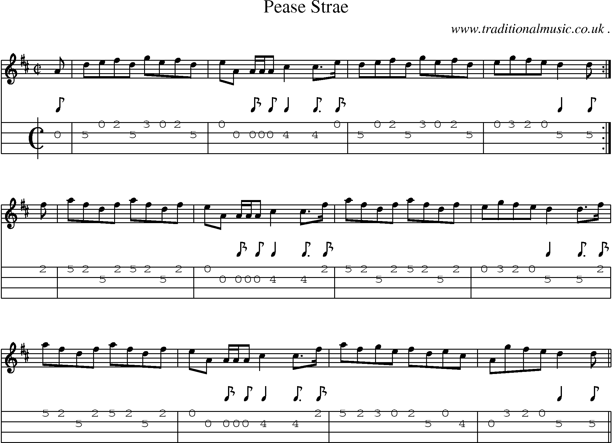 Sheet-music  score, Chords and Mandolin Tabs for Pease Strae