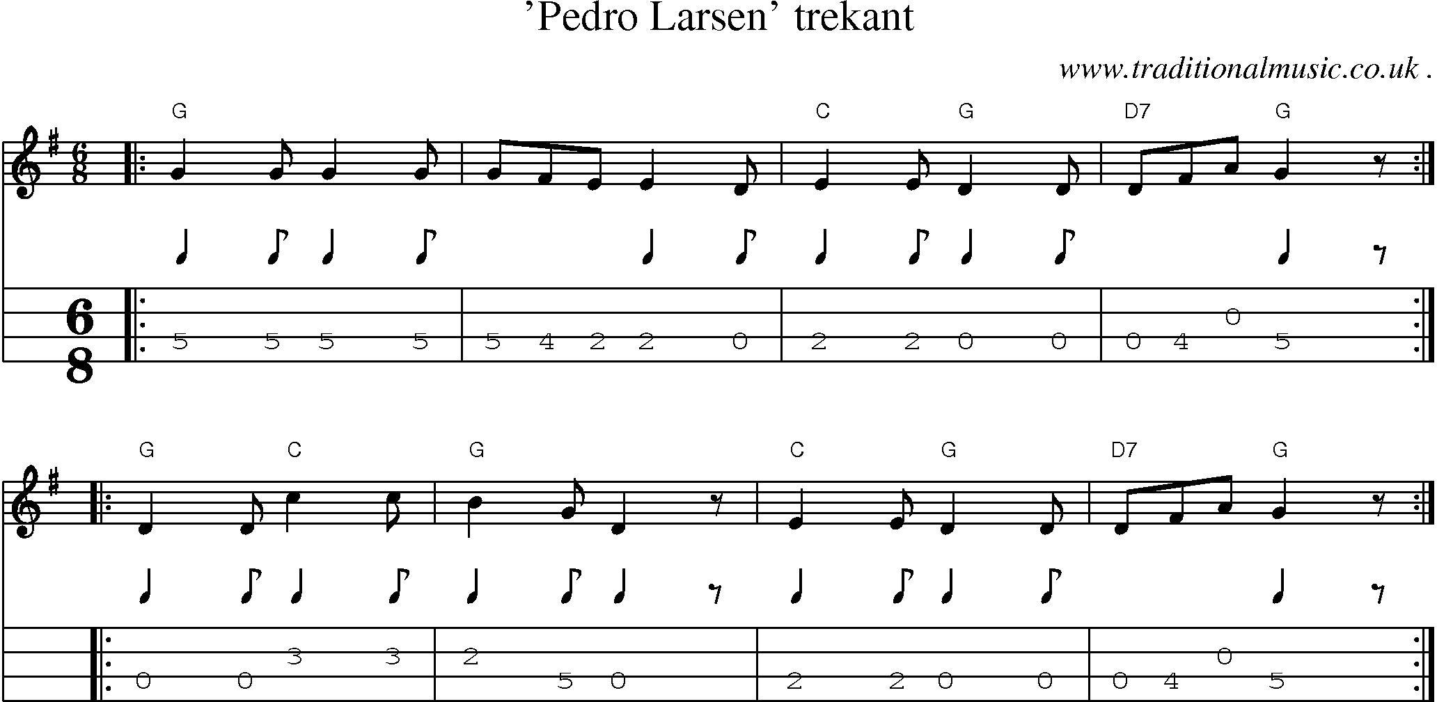 Sheet-music  score, Chords and Mandolin Tabs for Pedro Larsen Trekant