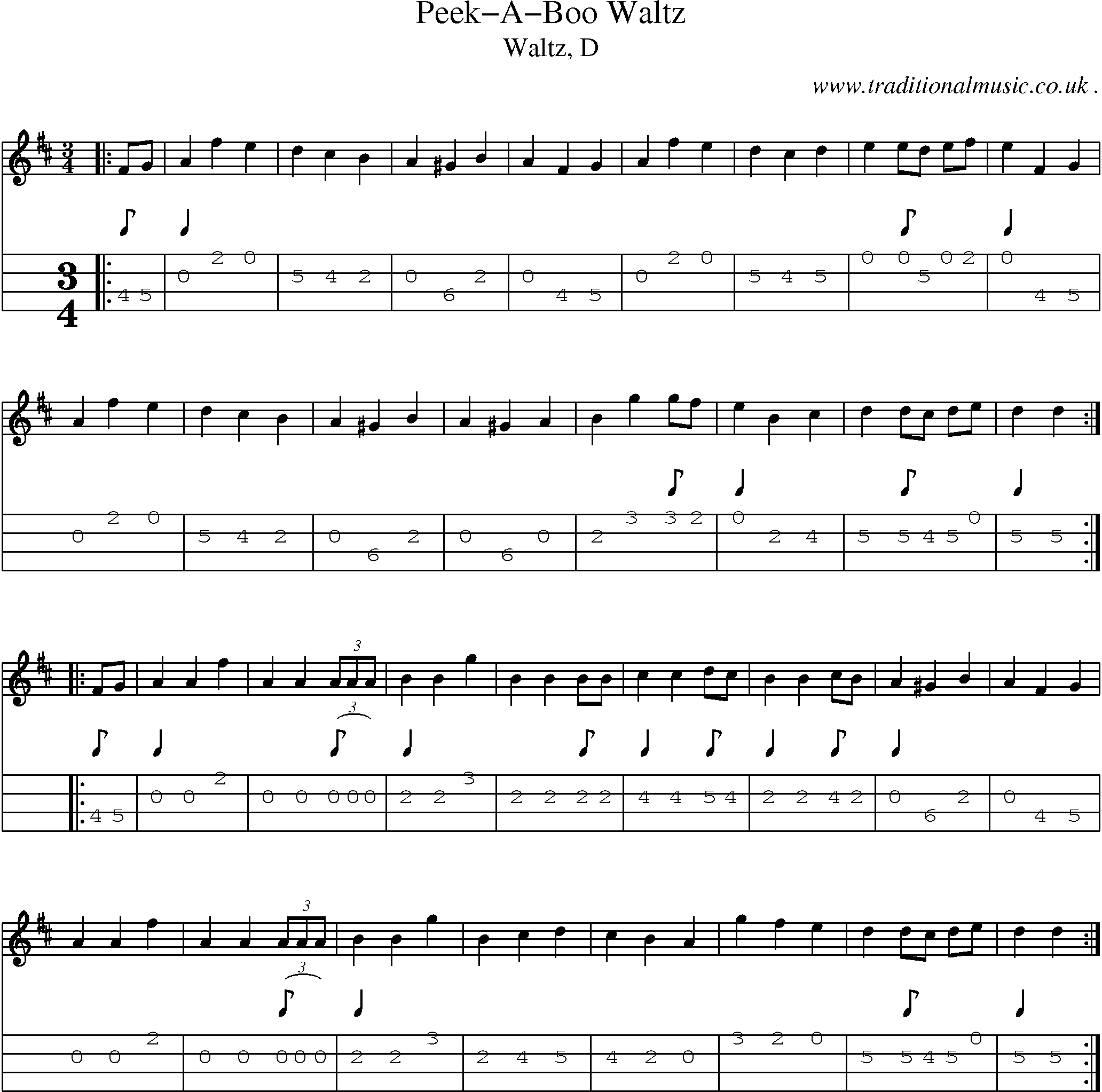 Sheet-music  score, Chords and Mandolin Tabs for Peek-a-boo Waltz