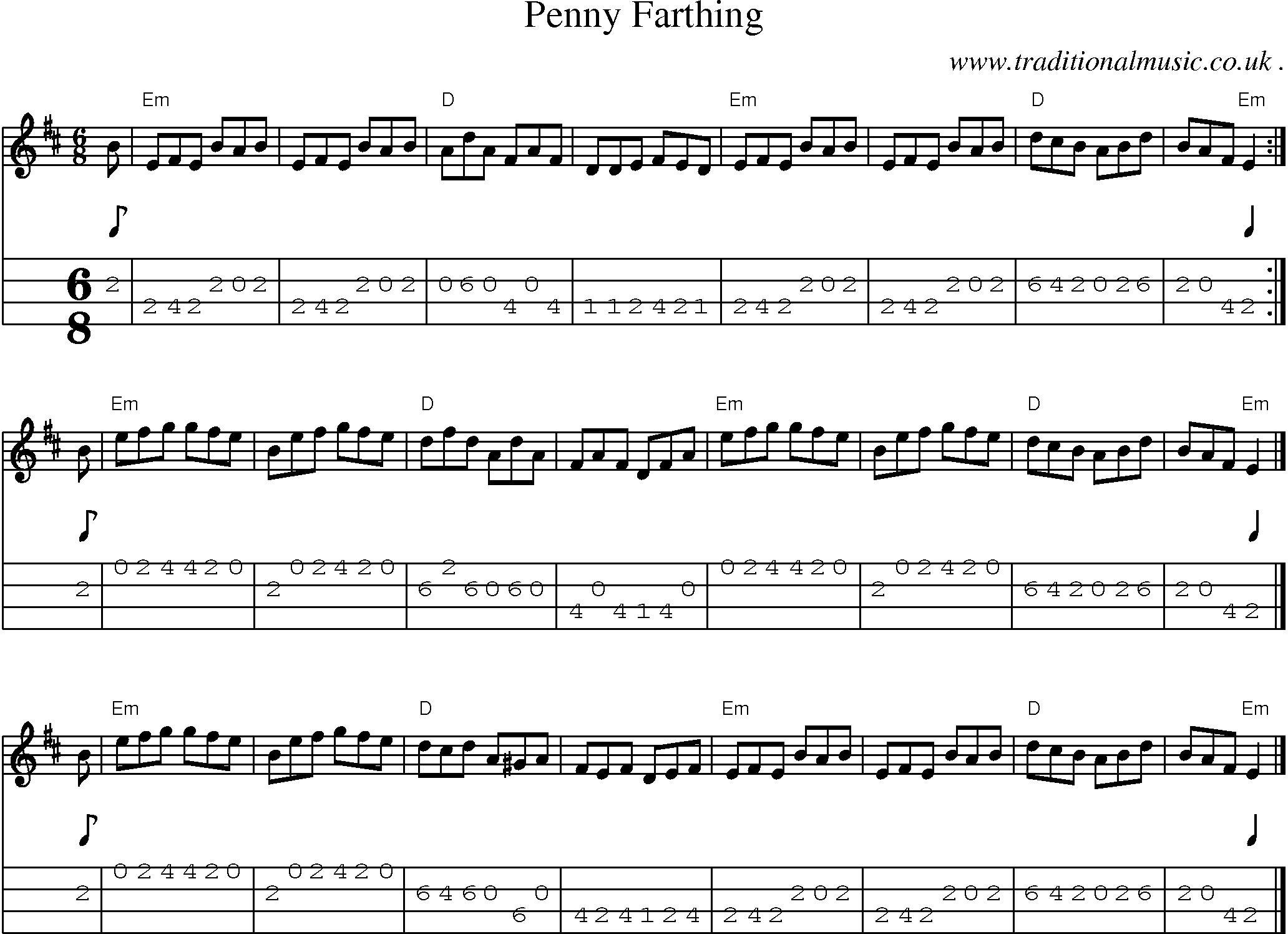 Sheet-music  score, Chords and Mandolin Tabs for Penny Farthing