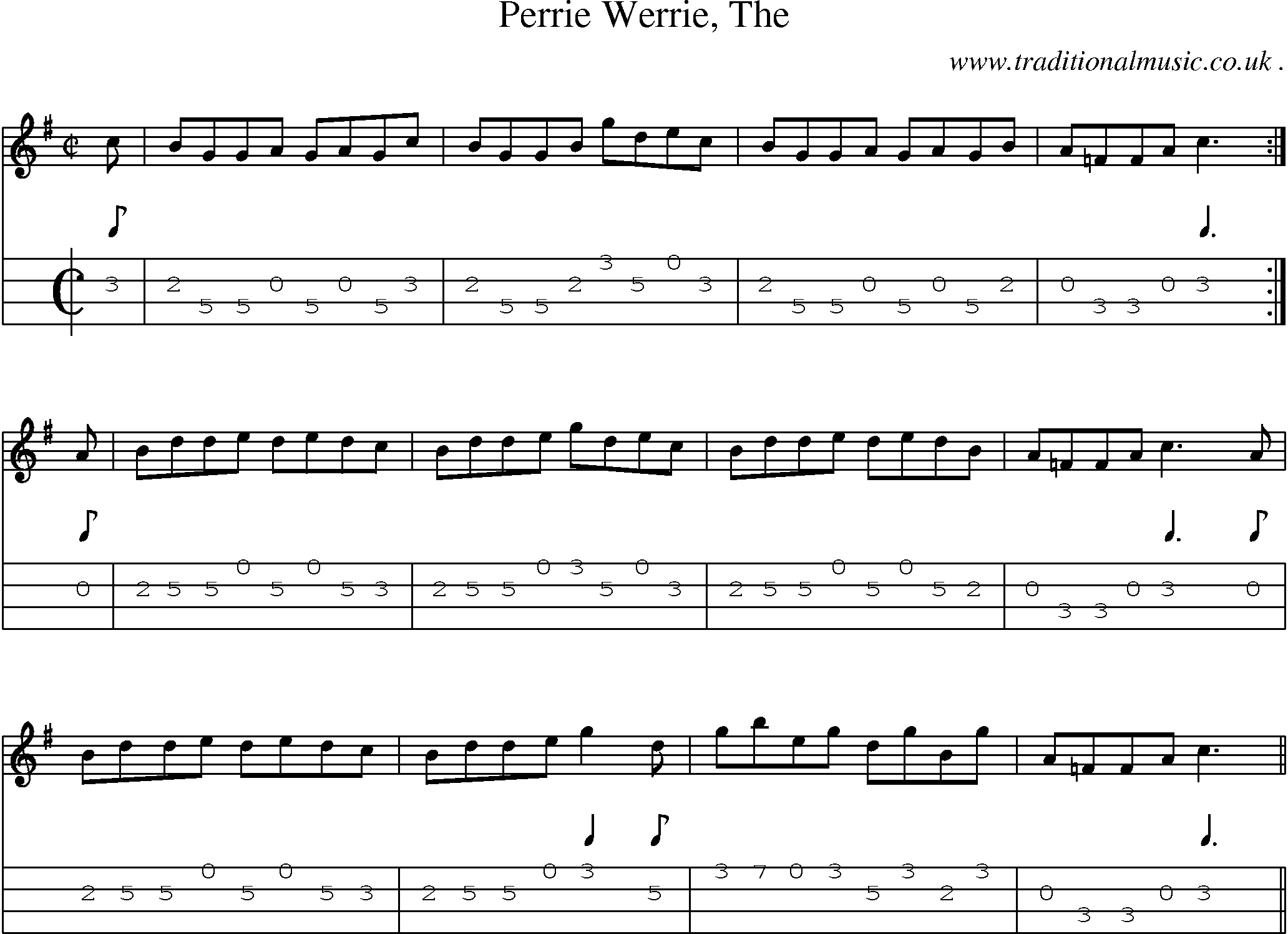 Sheet-music  score, Chords and Mandolin Tabs for Perrie Werrie The