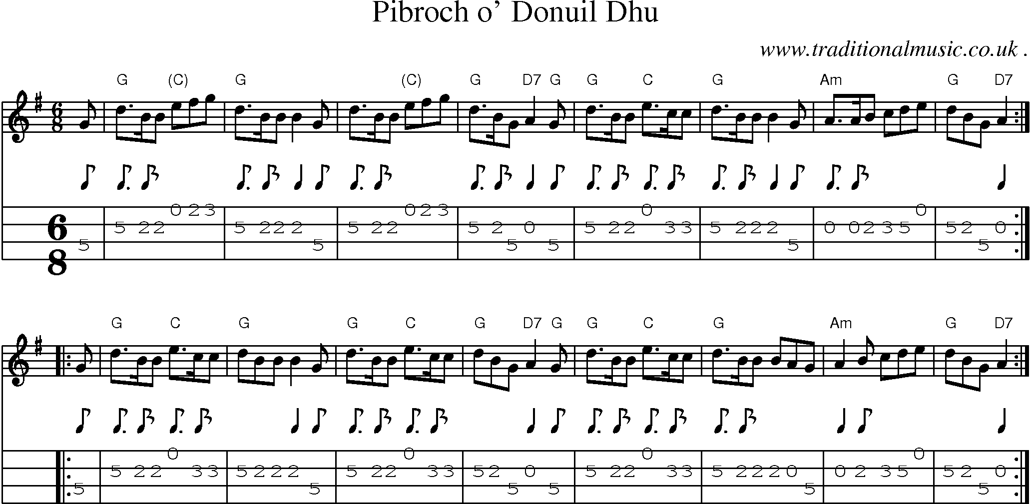 Sheet-music  score, Chords and Mandolin Tabs for Pibroch O Donuil Dhu