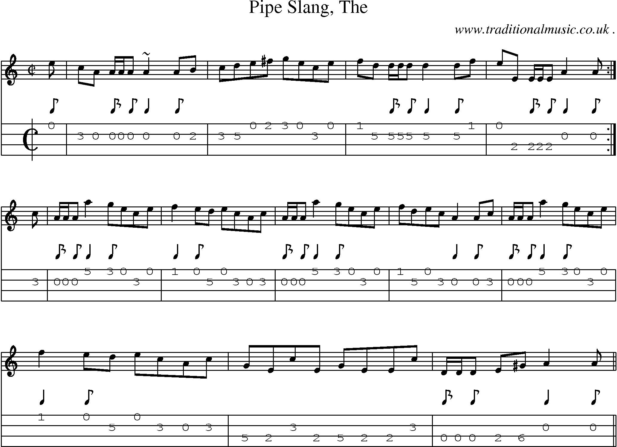 Sheet-music  score, Chords and Mandolin Tabs for Pipe Slang The