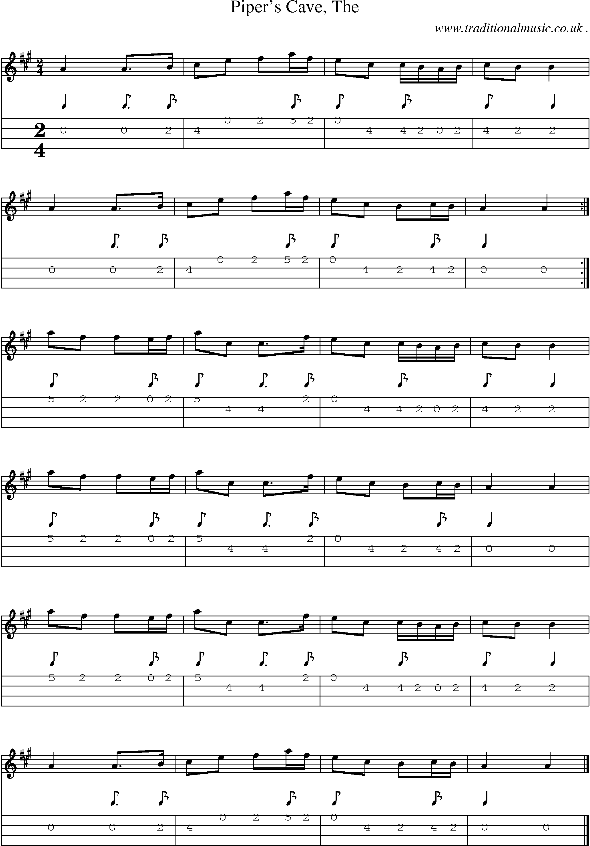 Sheet-music  score, Chords and Mandolin Tabs for Pipers Cave The