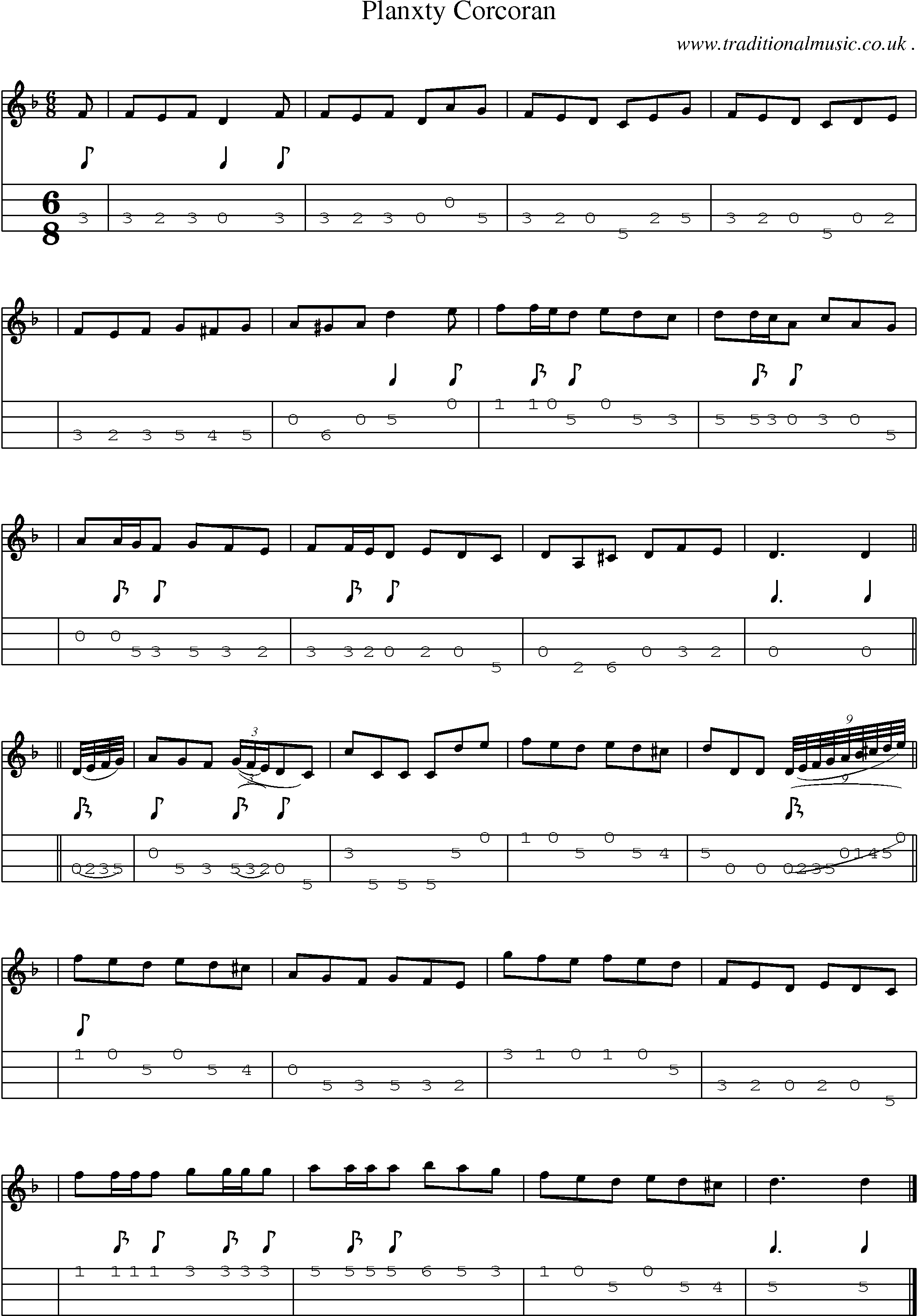 Sheet-music  score, Chords and Mandolin Tabs for Planxty Corcoran