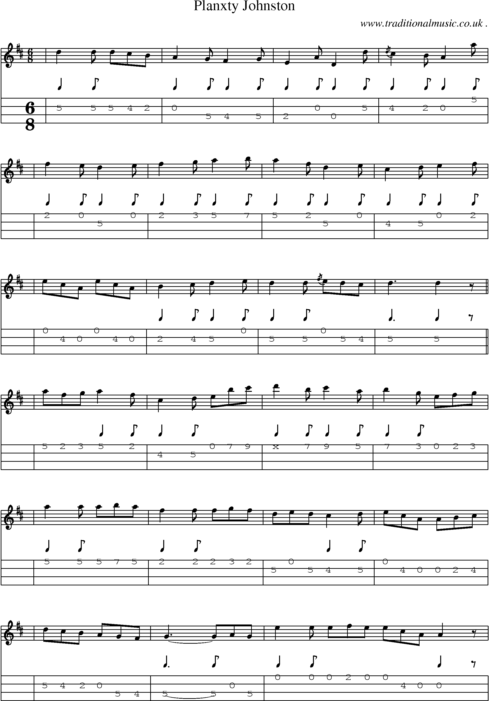 Sheet-music  score, Chords and Mandolin Tabs for Planxty Johnston