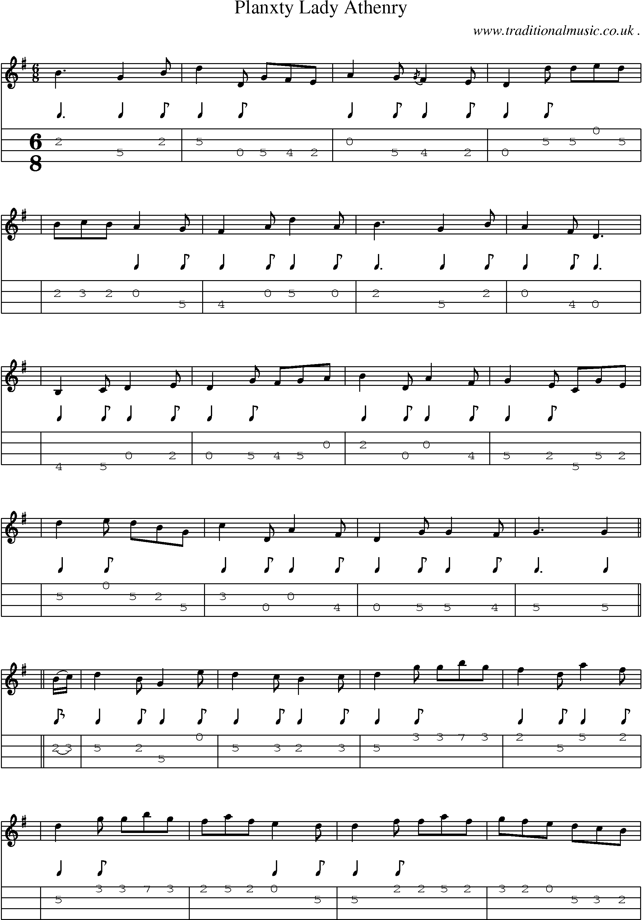 Sheet-music  score, Chords and Mandolin Tabs for Planxty Lady Athenry