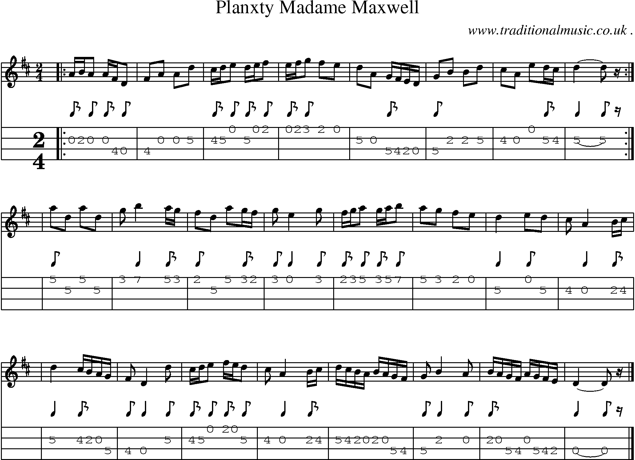 Sheet-music  score, Chords and Mandolin Tabs for Planxty Madame Maxwell
