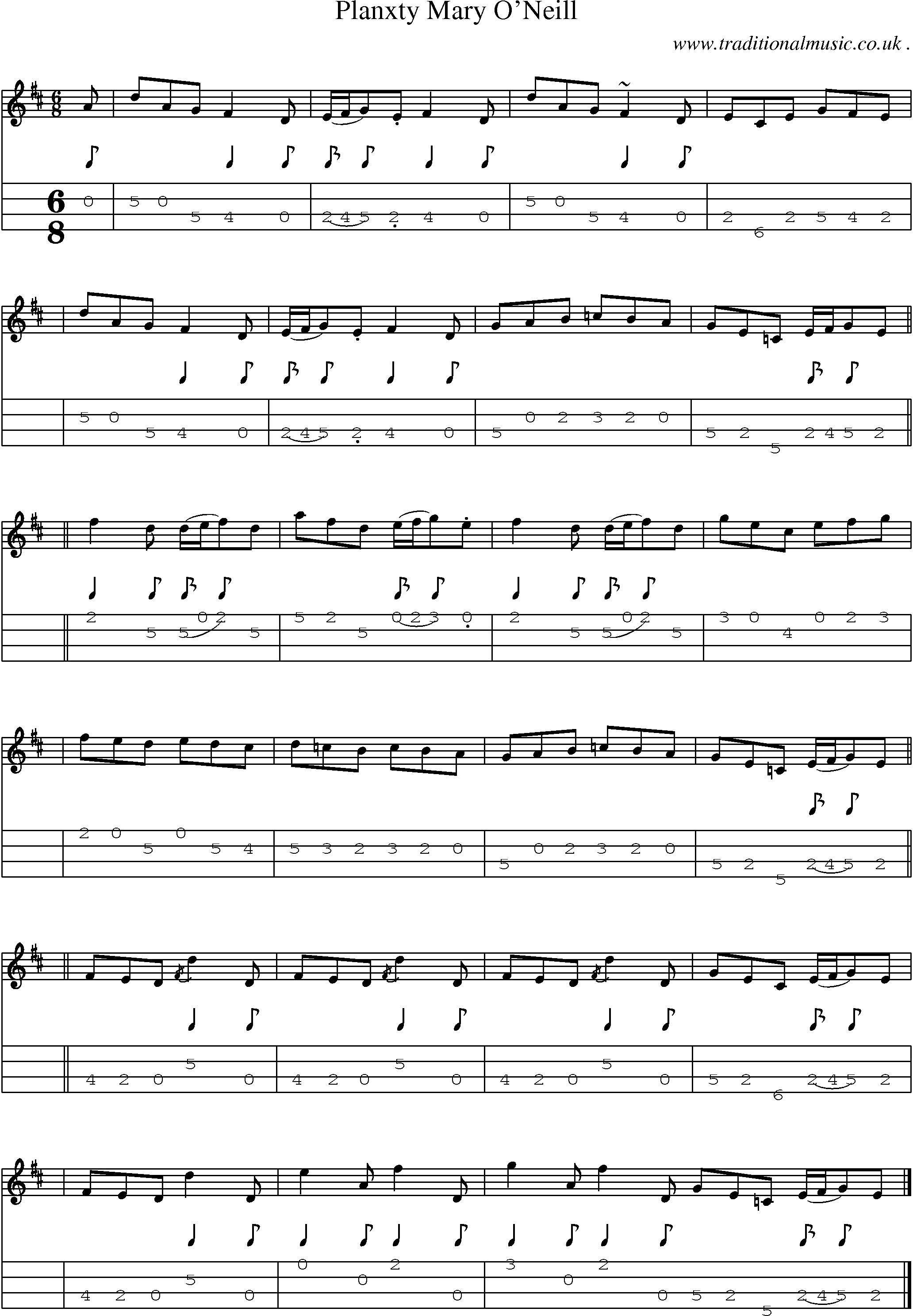 Sheet-music  score, Chords and Mandolin Tabs for Planxty Mary Oneill