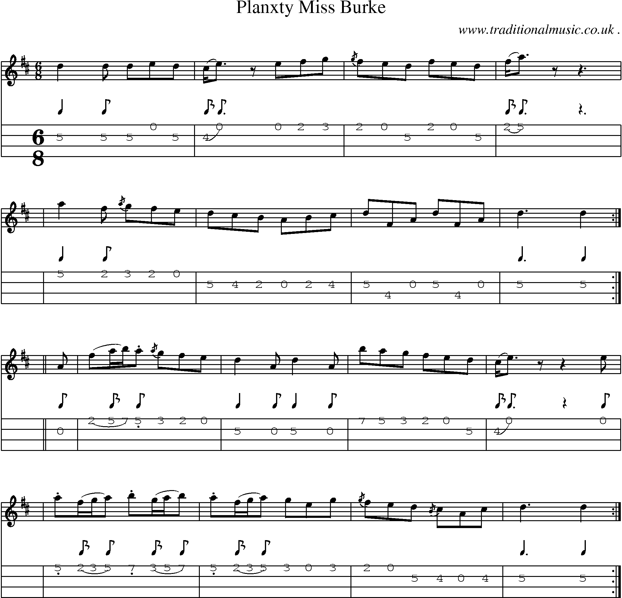 Sheet-music  score, Chords and Mandolin Tabs for Planxty Miss Burke