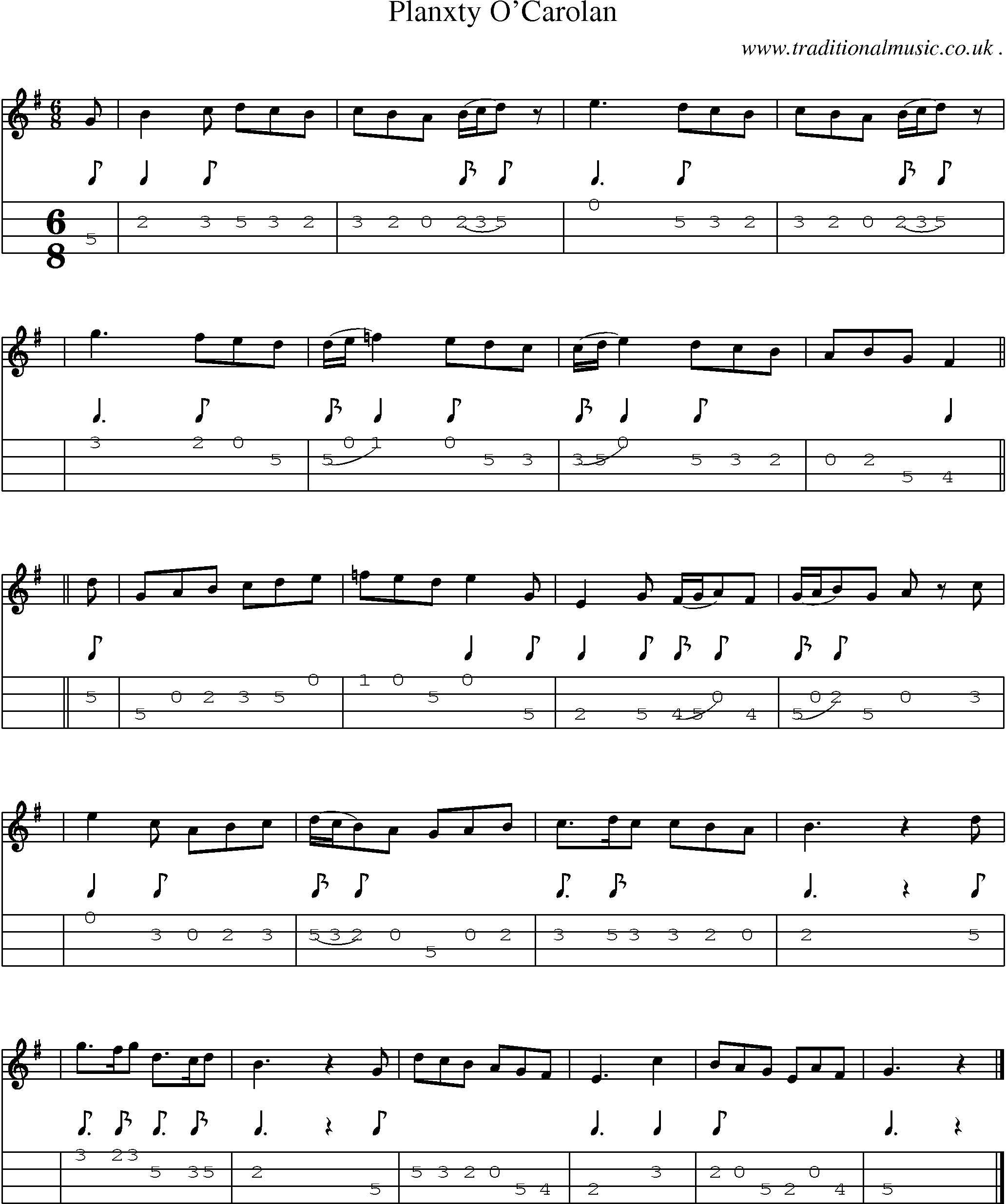 Sheet-music  score, Chords and Mandolin Tabs for Planxty Ocarolan