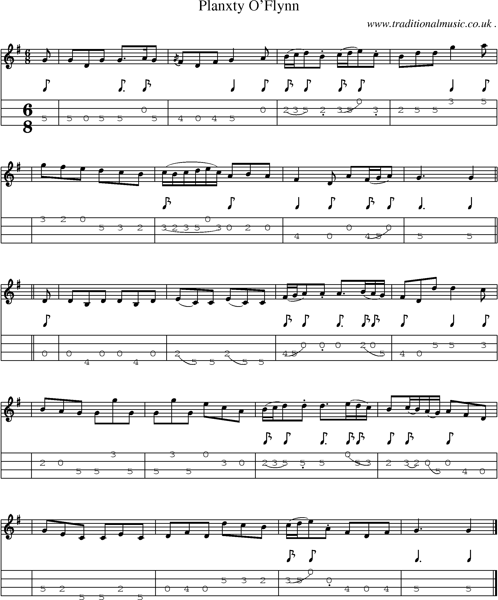 Sheet-music  score, Chords and Mandolin Tabs for Planxty Oflynn