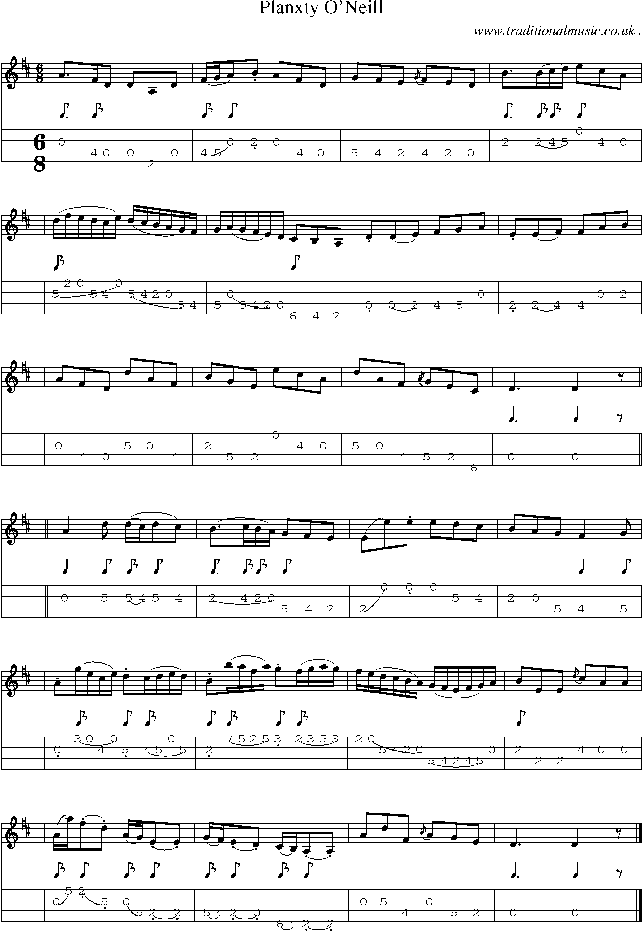 Sheet-music  score, Chords and Mandolin Tabs for Planxty Oneill