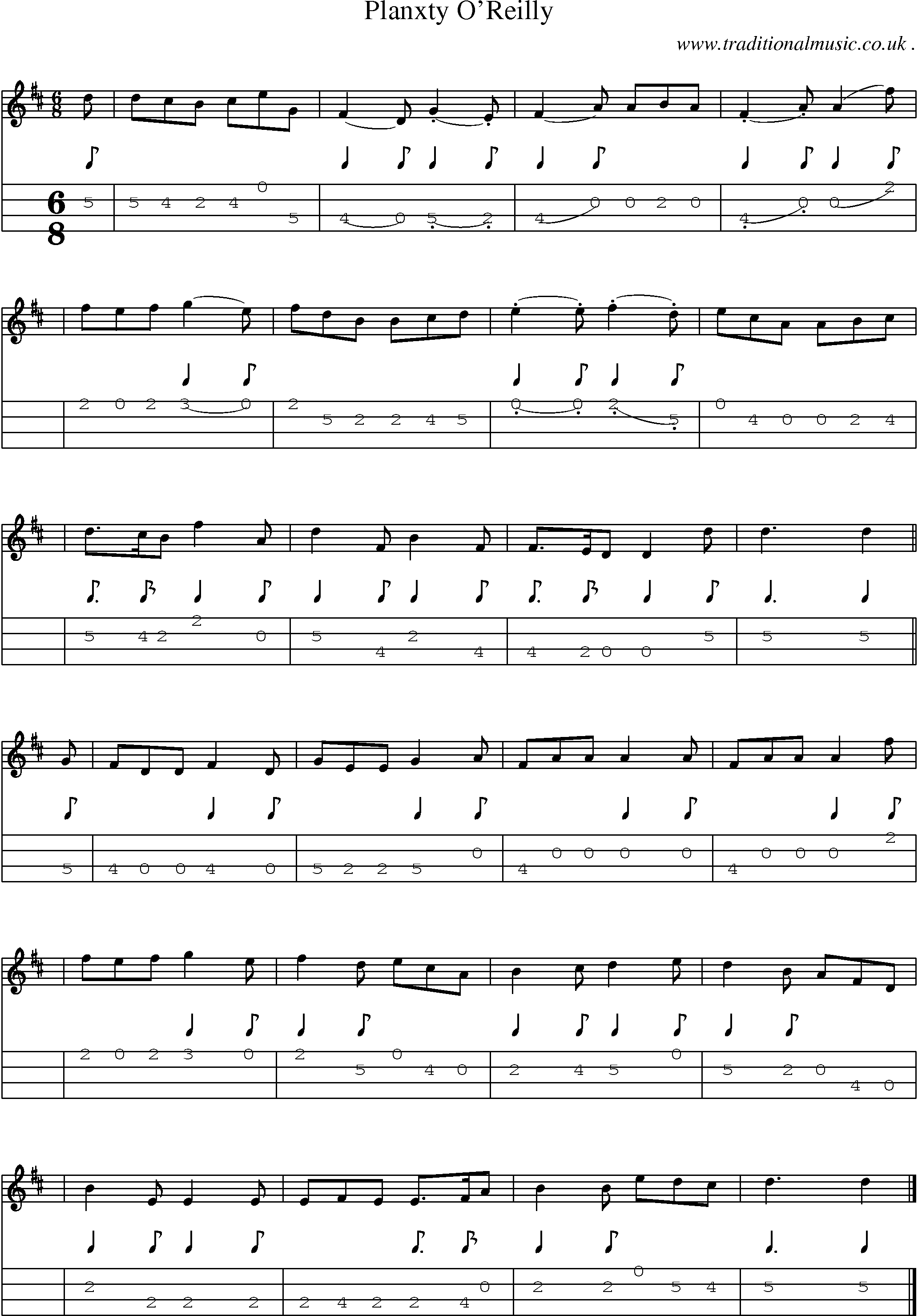 Sheet-music  score, Chords and Mandolin Tabs for Planxty Oreilly