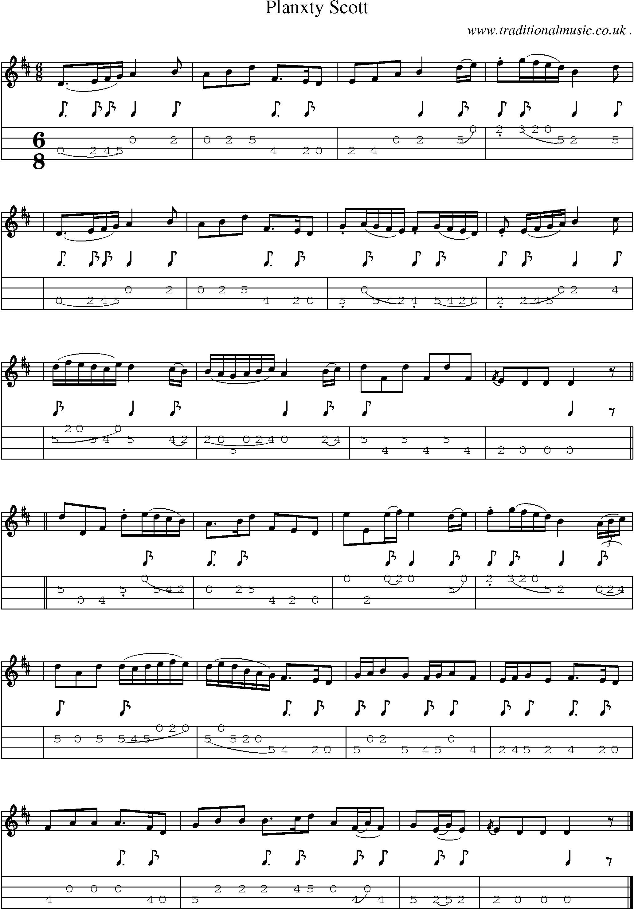 Sheet-music  score, Chords and Mandolin Tabs for Planxty Scott