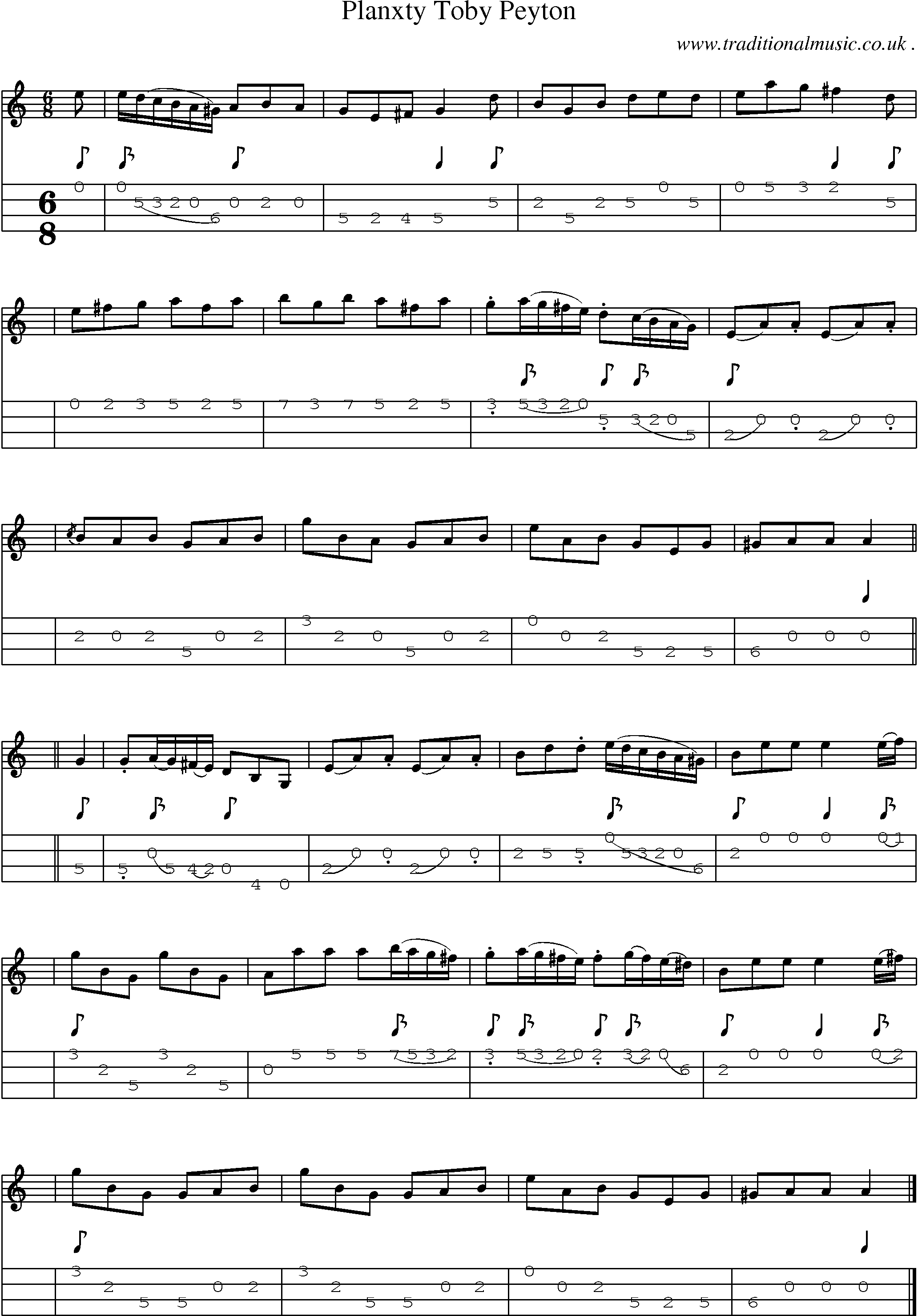 Sheet-music  score, Chords and Mandolin Tabs for Planxty Toby Peyton