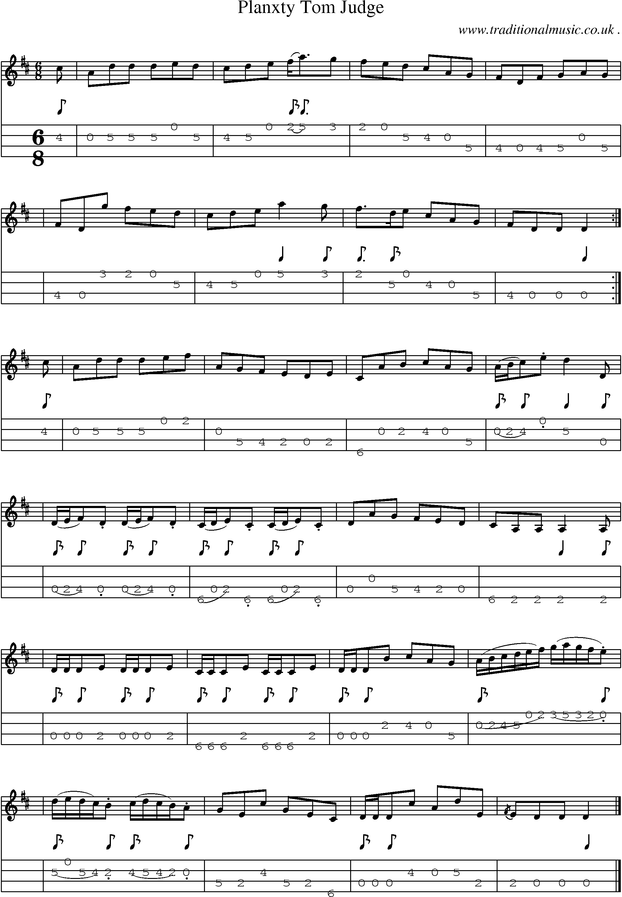 Sheet-music  score, Chords and Mandolin Tabs for Planxty Tom Judge