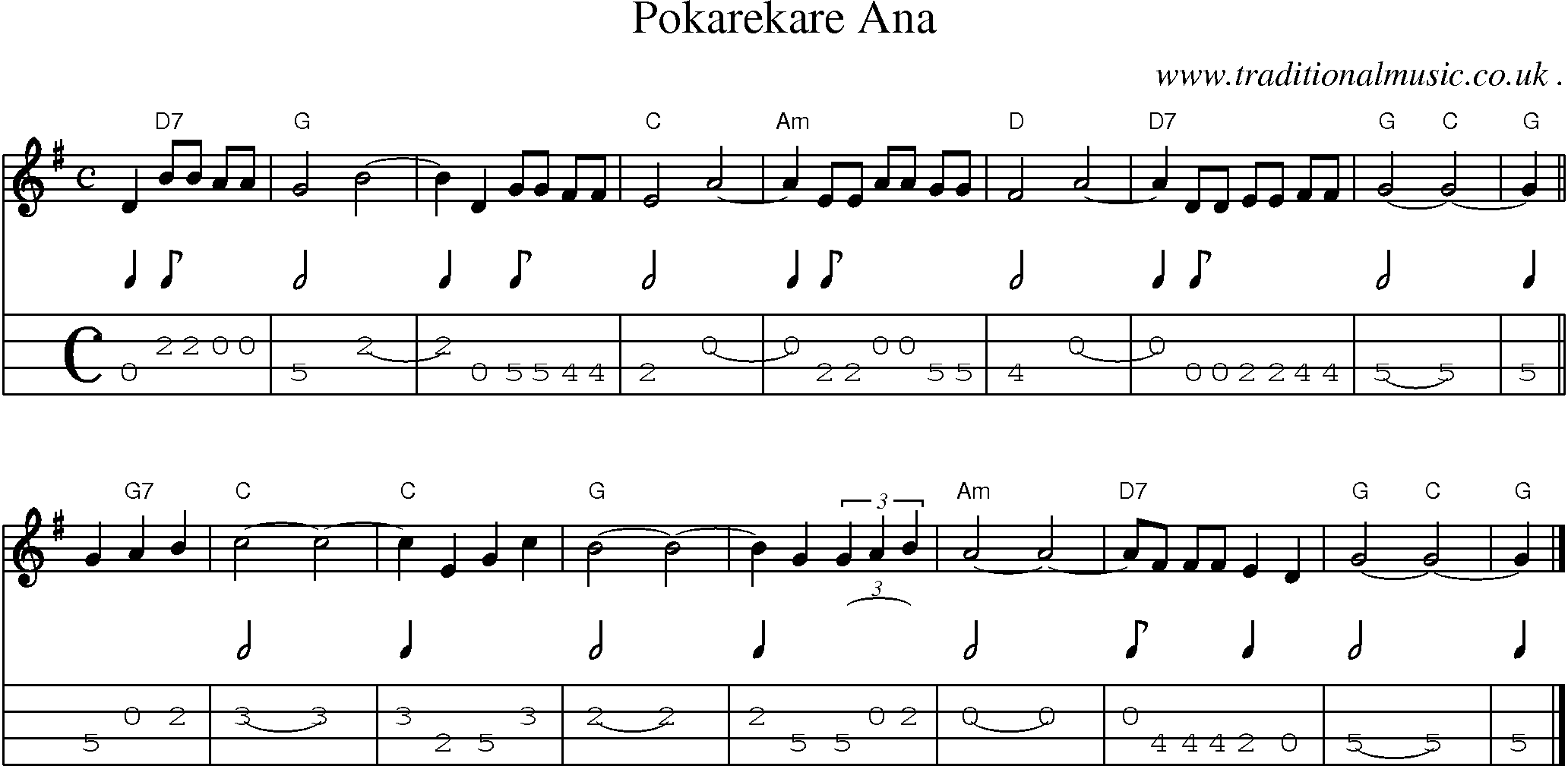 Sheet-music  score, Chords and Mandolin Tabs for Pokarekare Ana