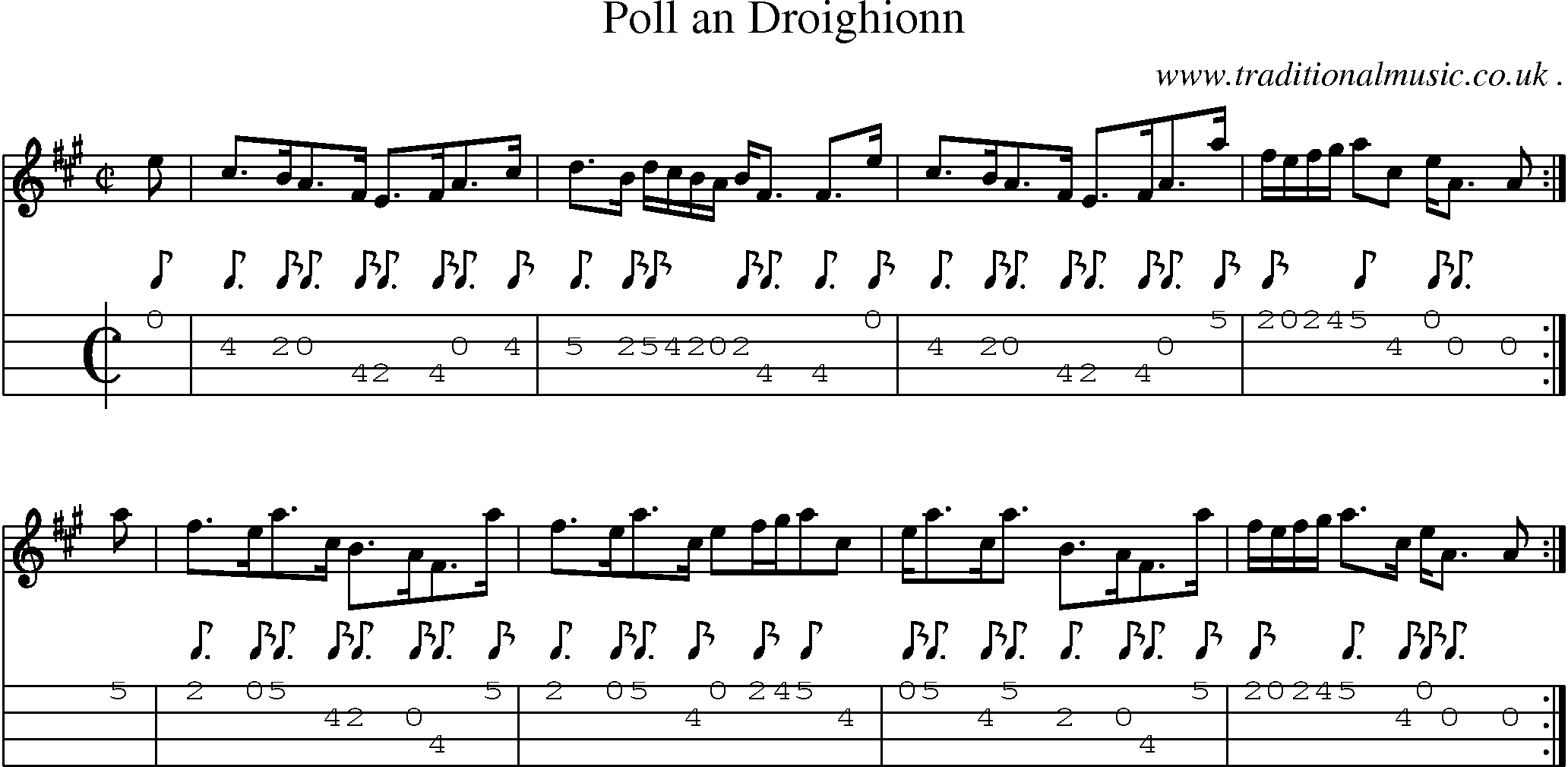 Sheet-music  score, Chords and Mandolin Tabs for Poll An Droighionn