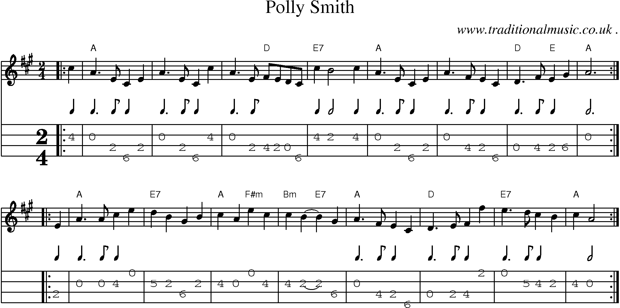 Sheet-music  score, Chords and Mandolin Tabs for Polly Smith