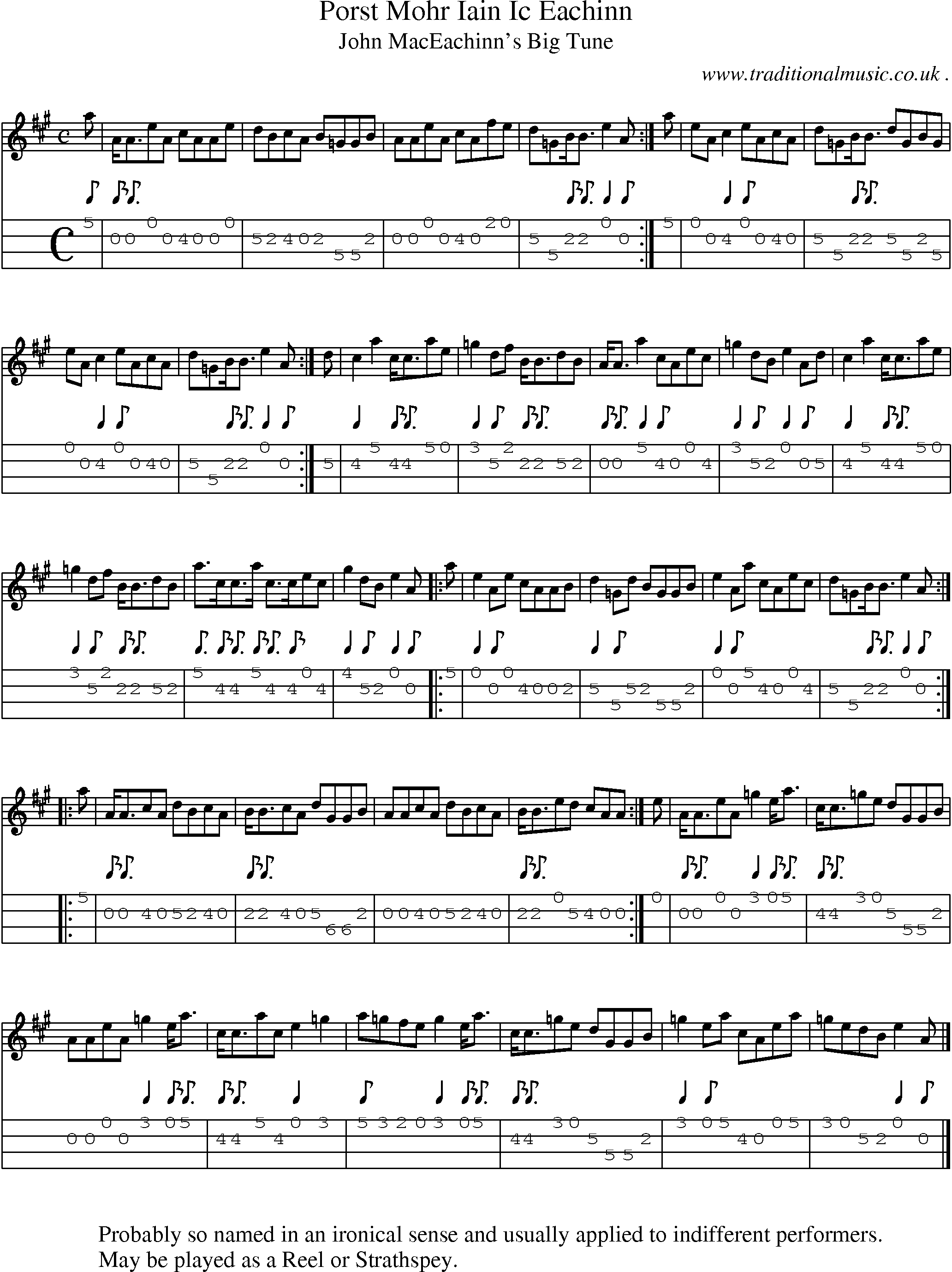 Sheet-music  score, Chords and Mandolin Tabs for Porst Mohr Iain Ic Eachinn