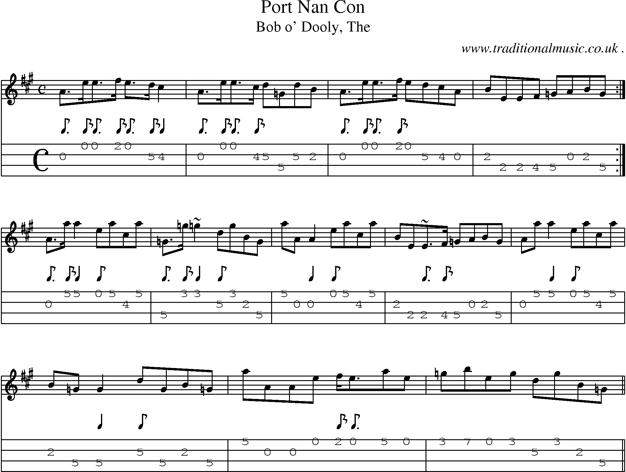 Sheet-music  score, Chords and Mandolin Tabs for Port Nan Con