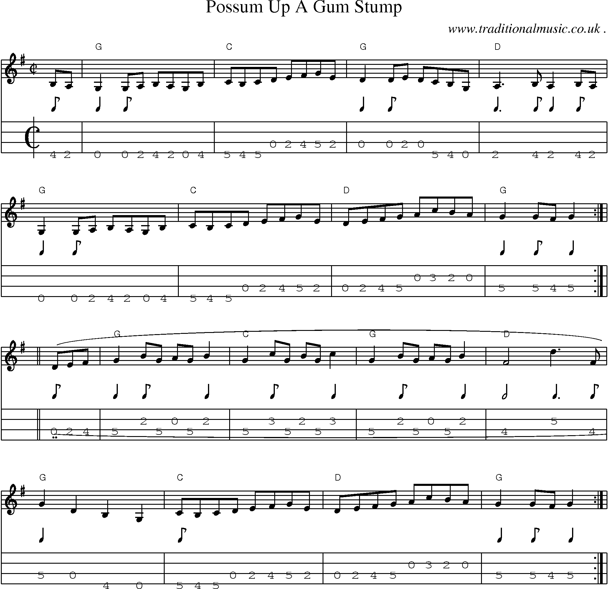 Sheet-music  score, Chords and Mandolin Tabs for Possum Up A Gum Stump