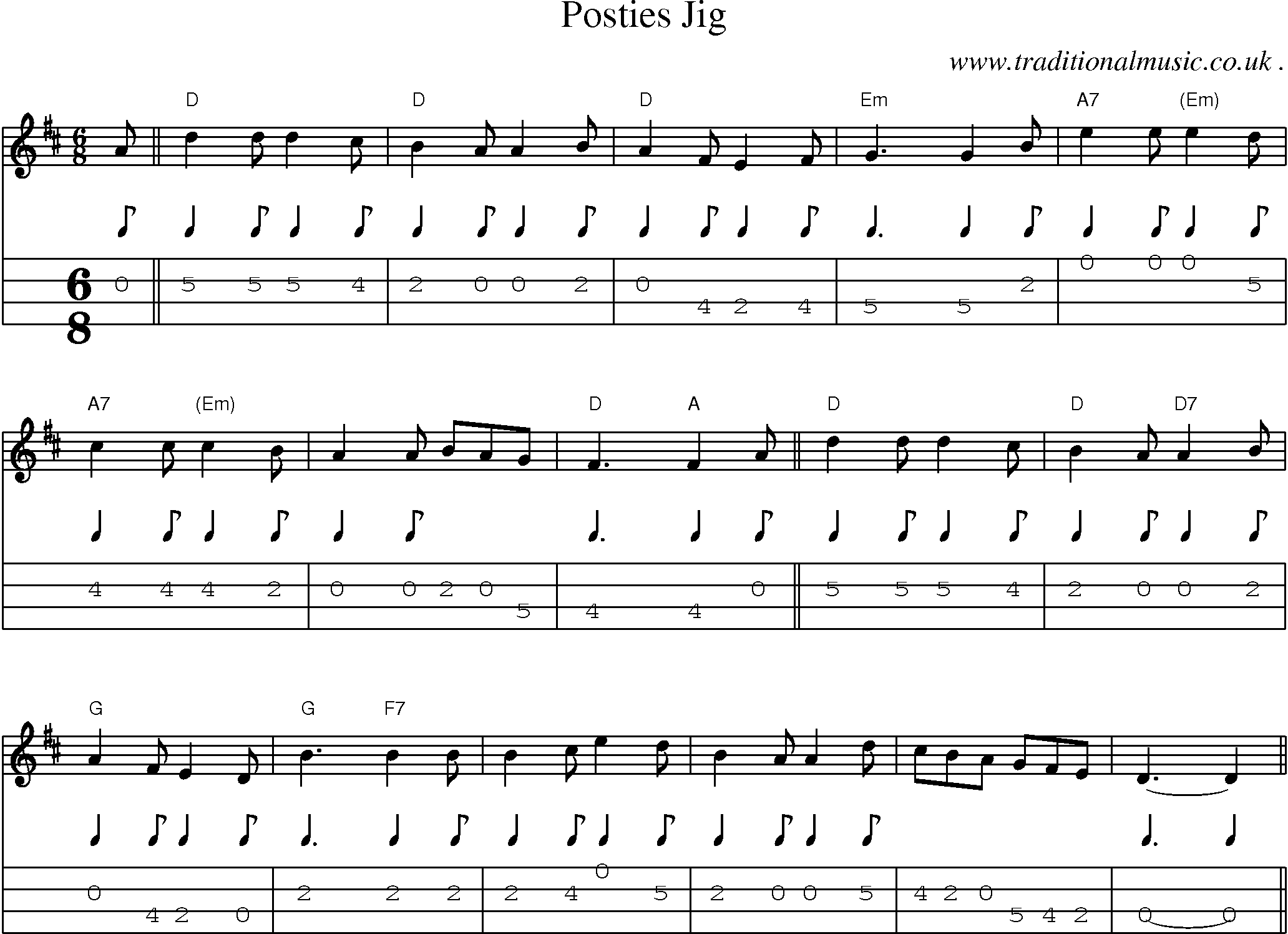 Sheet-music  score, Chords and Mandolin Tabs for Posties Jig