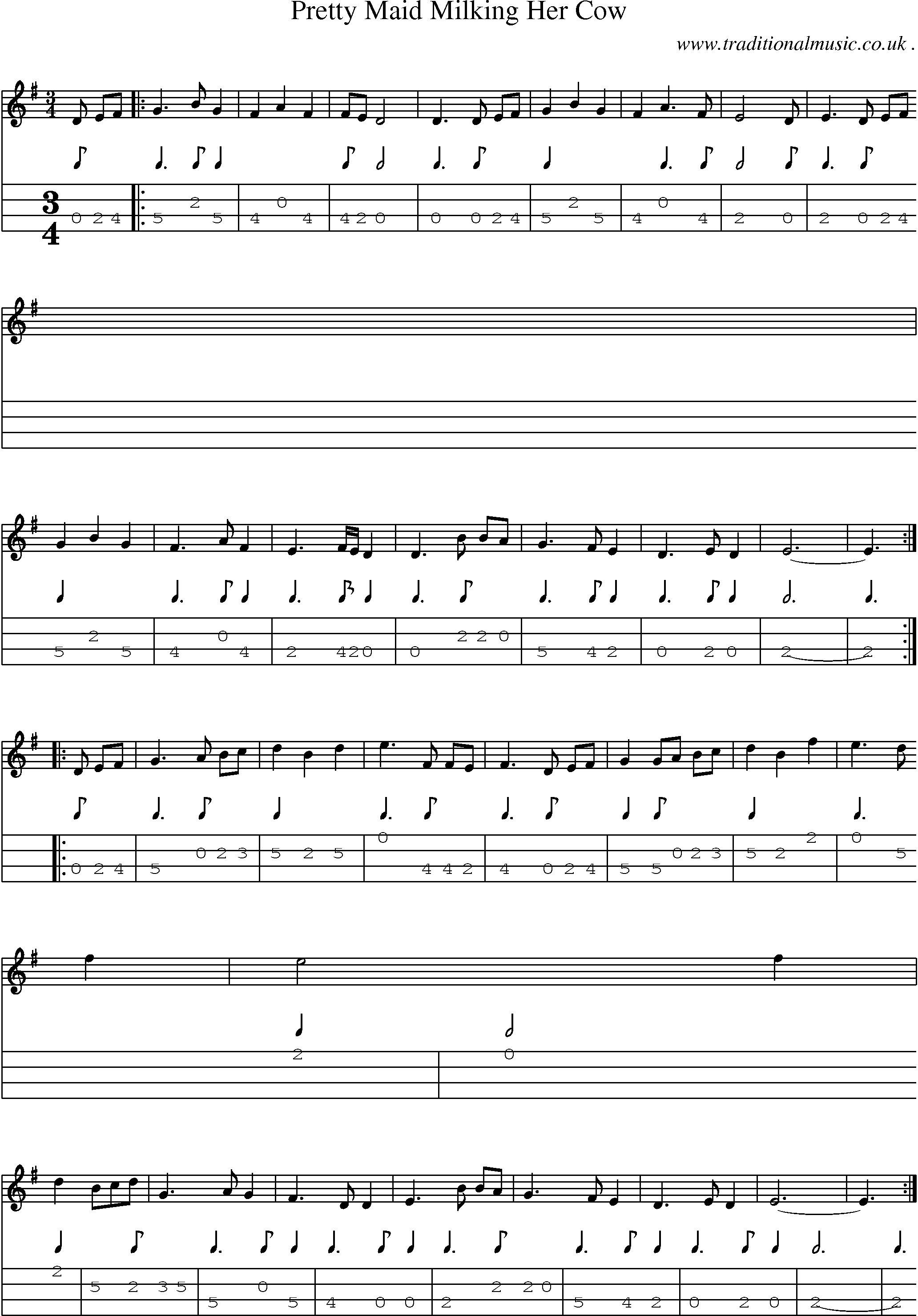Sheet-music  score, Chords and Mandolin Tabs for Pretty Maid Milking Her Cow