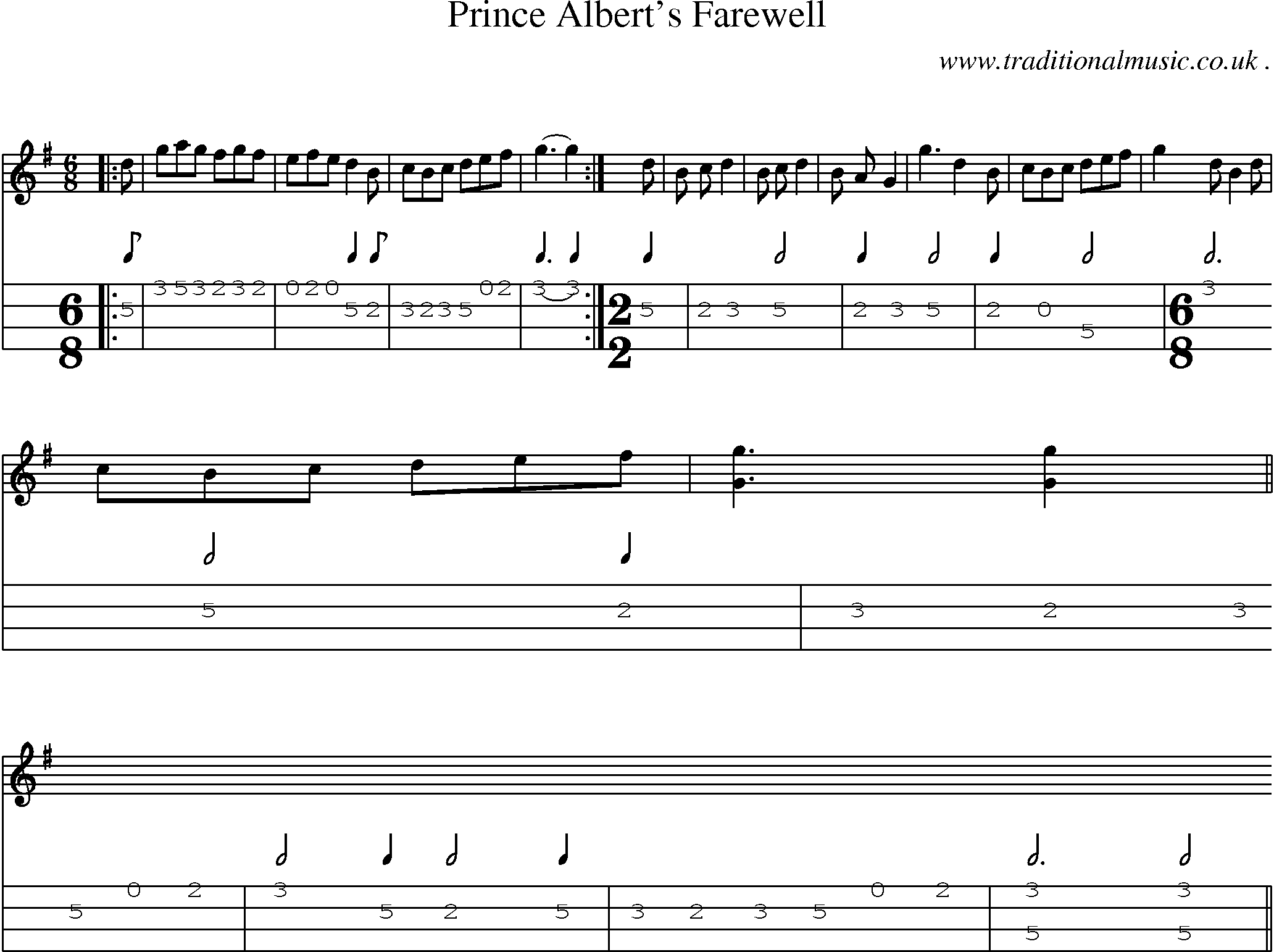 Sheet-music  score, Chords and Mandolin Tabs for Prince Alberts Farewell