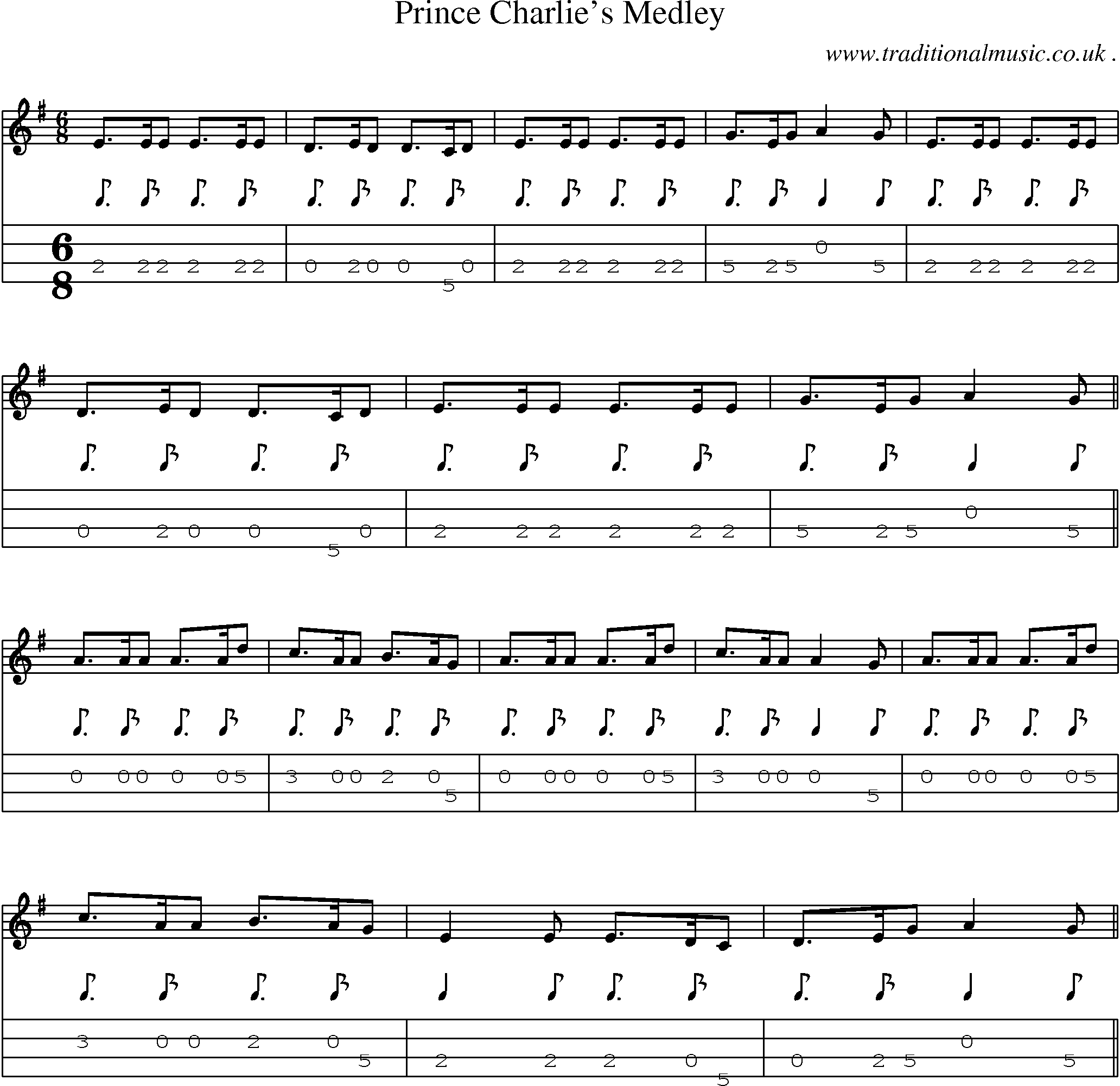 Sheet-music  score, Chords and Mandolin Tabs for Prince Charlies Medley