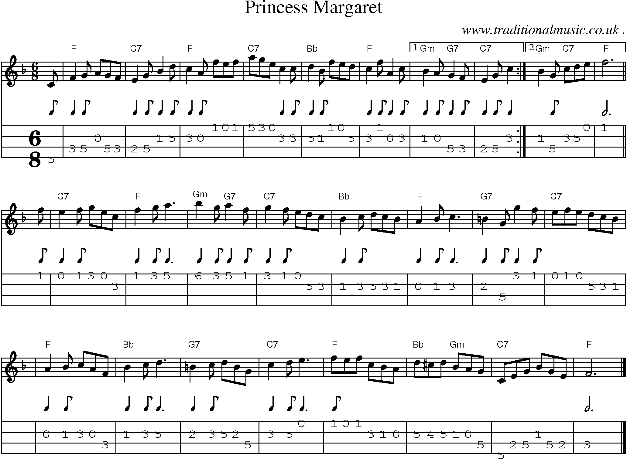Sheet-music  score, Chords and Mandolin Tabs for Princess Margaret