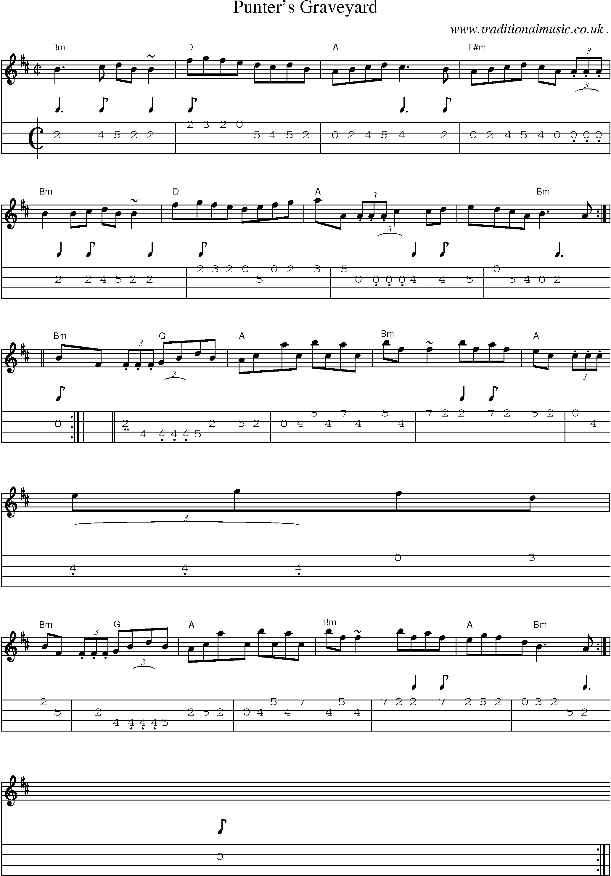 Sheet-music  score, Chords and Mandolin Tabs for Punters Graveyard