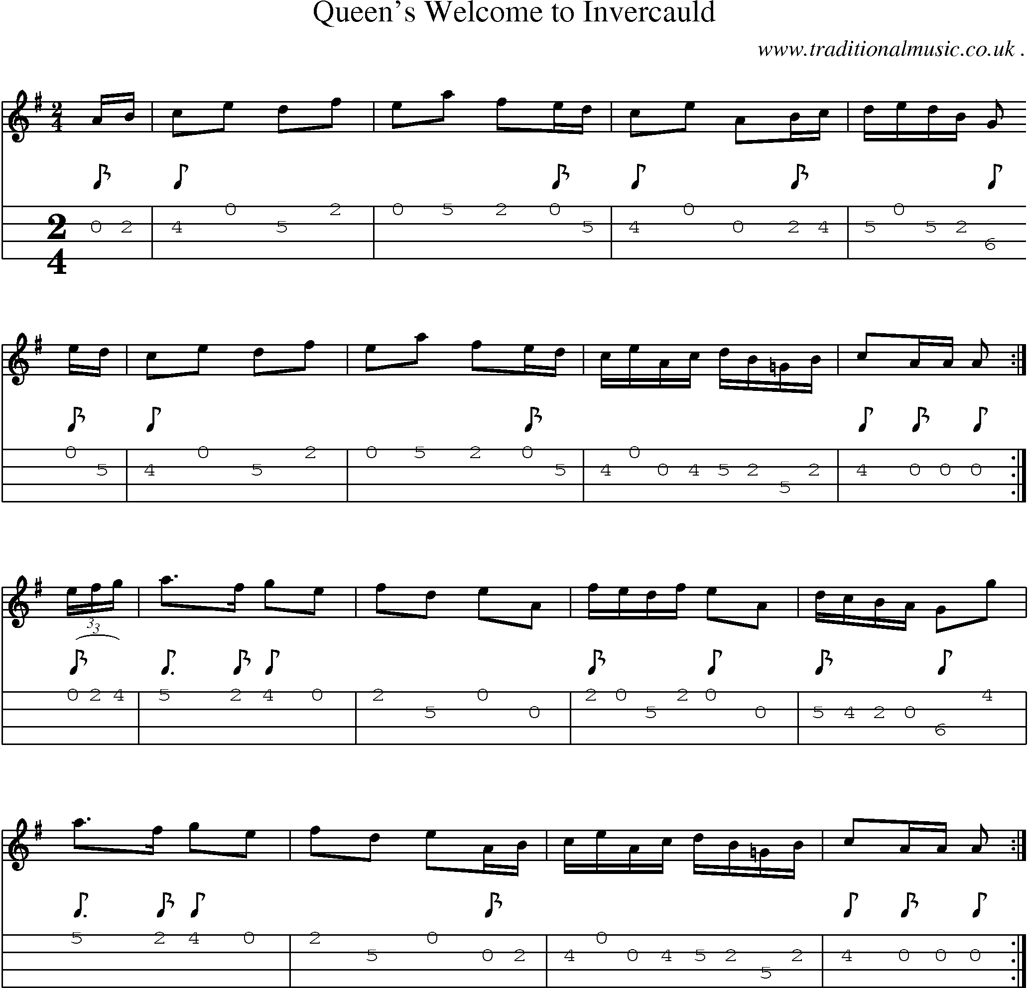 Sheet-music  score, Chords and Mandolin Tabs for Queens Welcome To Invercauld