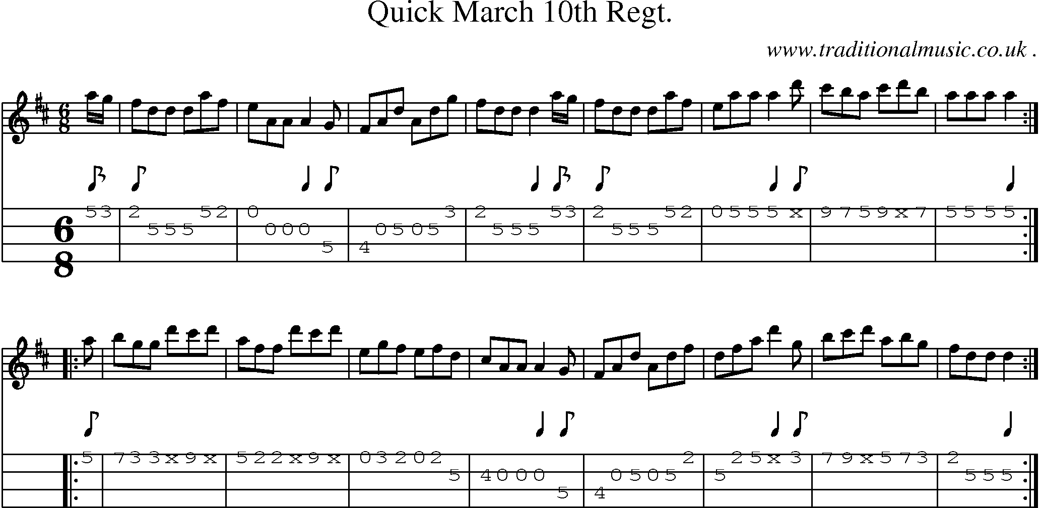 Sheet-music  score, Chords and Mandolin Tabs for Quick March 10th Regt