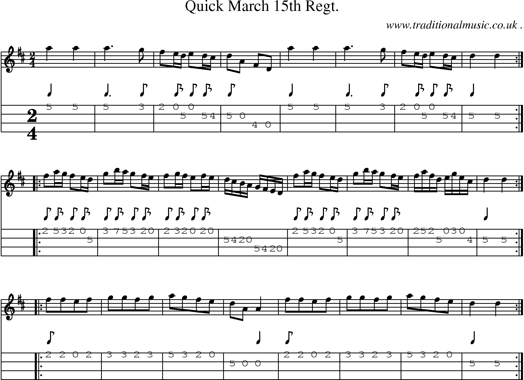 Sheet-music  score, Chords and Mandolin Tabs for Quick March 15th Regt