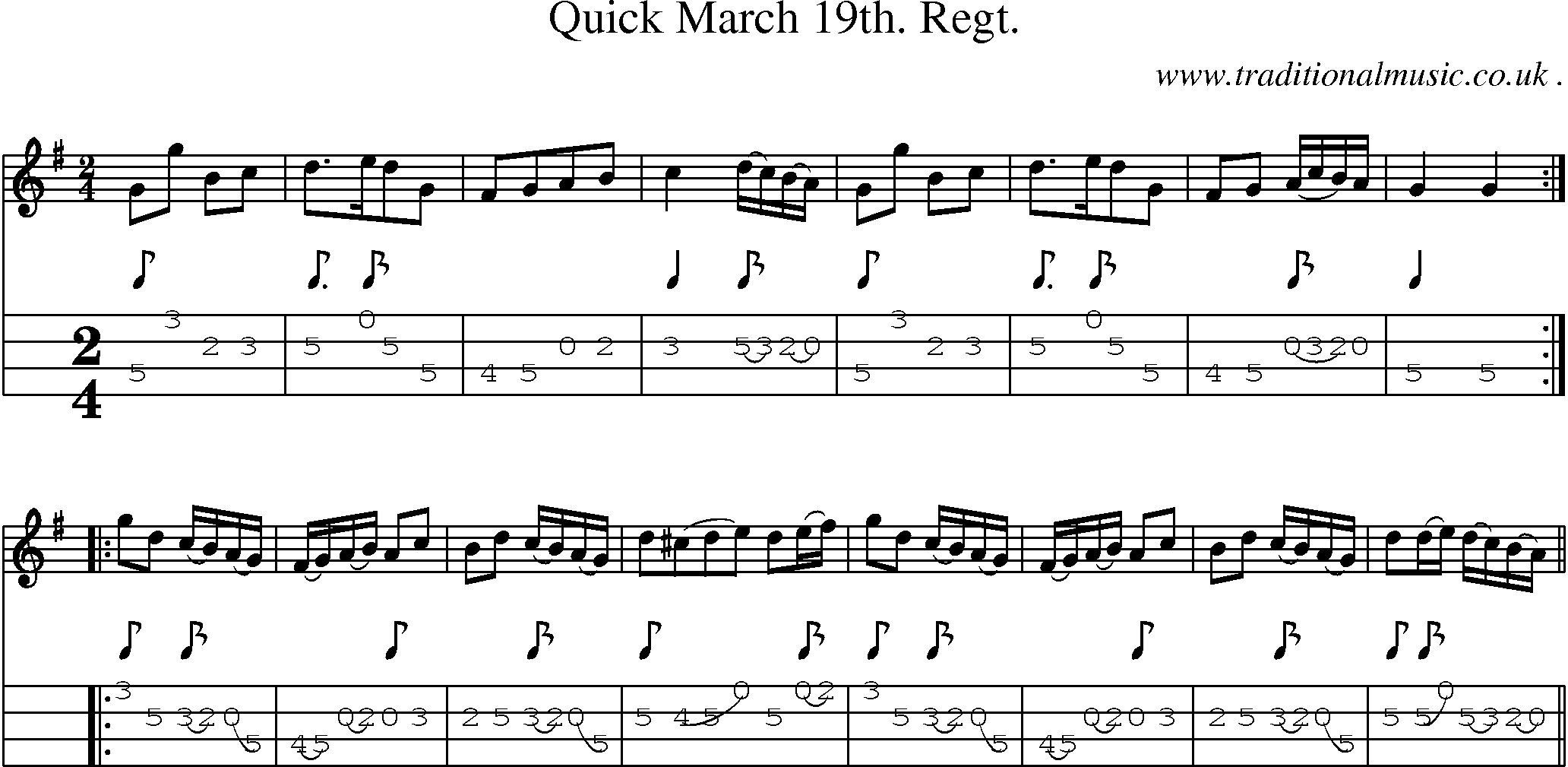 Sheet-music  score, Chords and Mandolin Tabs for Quick March 19th Regt