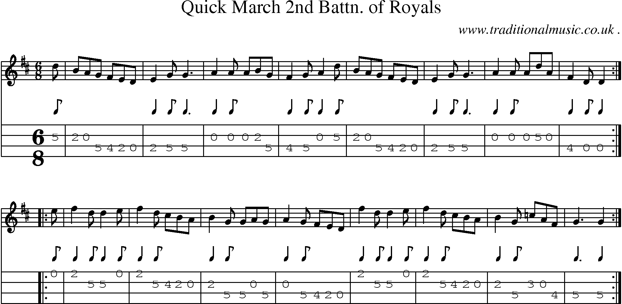 Sheet-music  score, Chords and Mandolin Tabs for Quick March 2nd Battn Of Royals