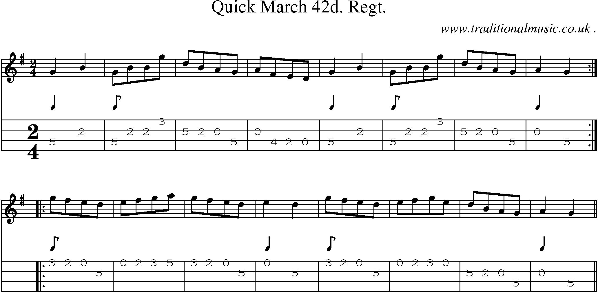 Sheet-music  score, Chords and Mandolin Tabs for Quick March 42d Regt