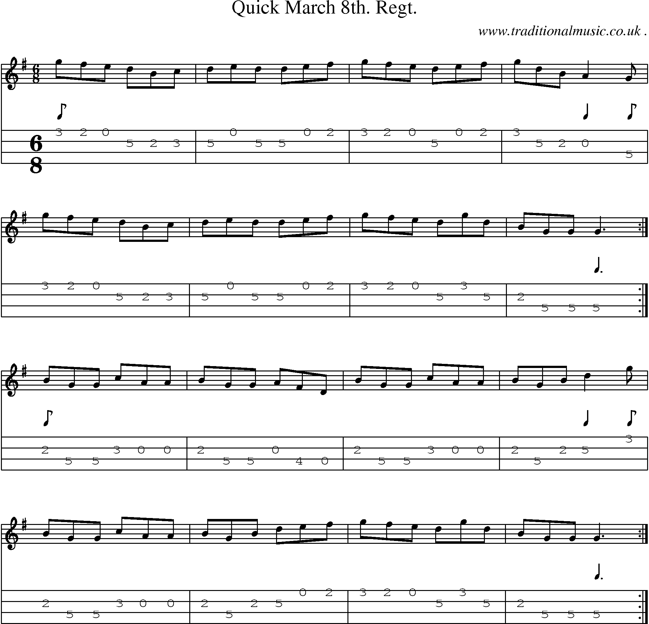 Sheet-music  score, Chords and Mandolin Tabs for Quick March 8th Regt
