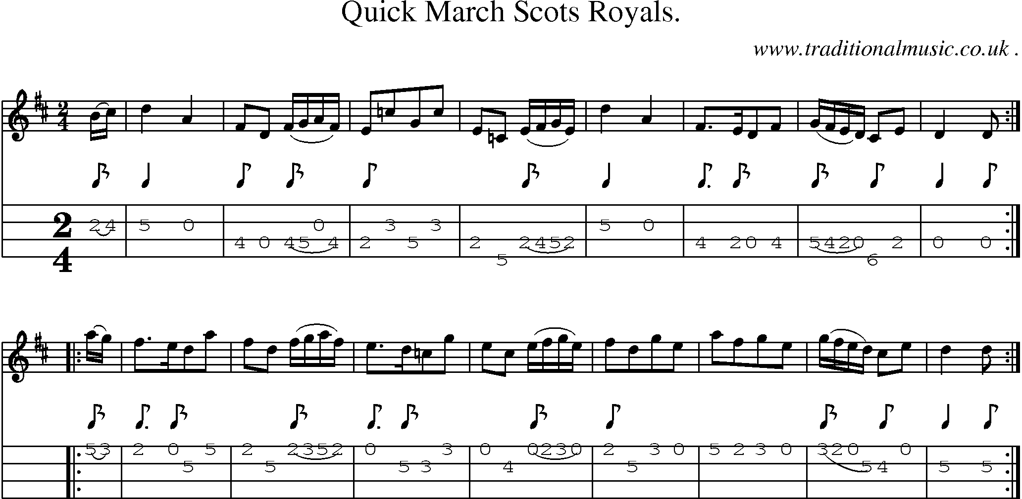 Sheet-music  score, Chords and Mandolin Tabs for Quick March Scots Royals