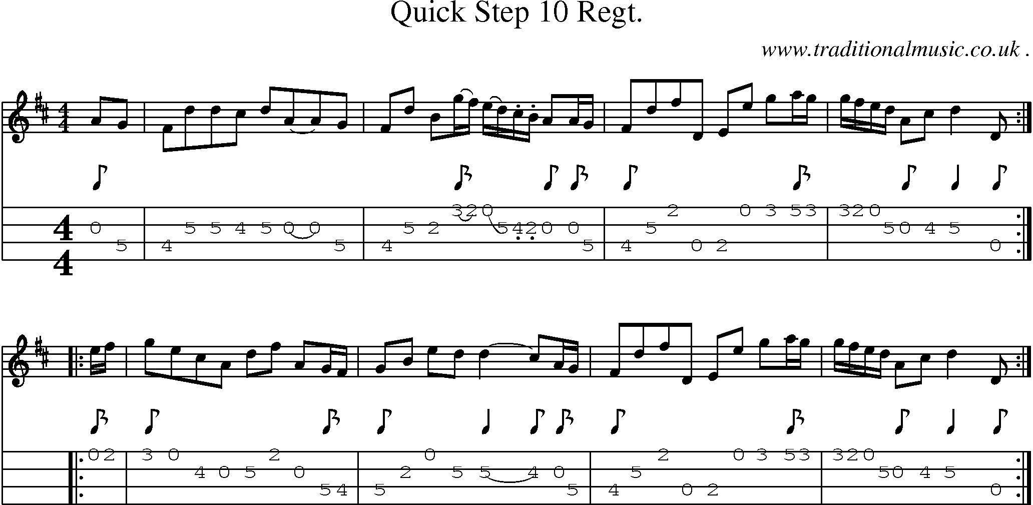 Sheet-music  score, Chords and Mandolin Tabs for Quick Step 10 Regt