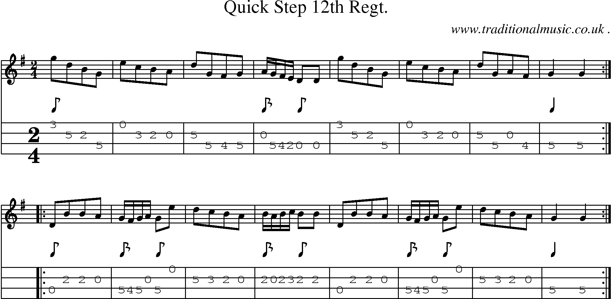 Sheet-music  score, Chords and Mandolin Tabs for Quick Step 12th Regt