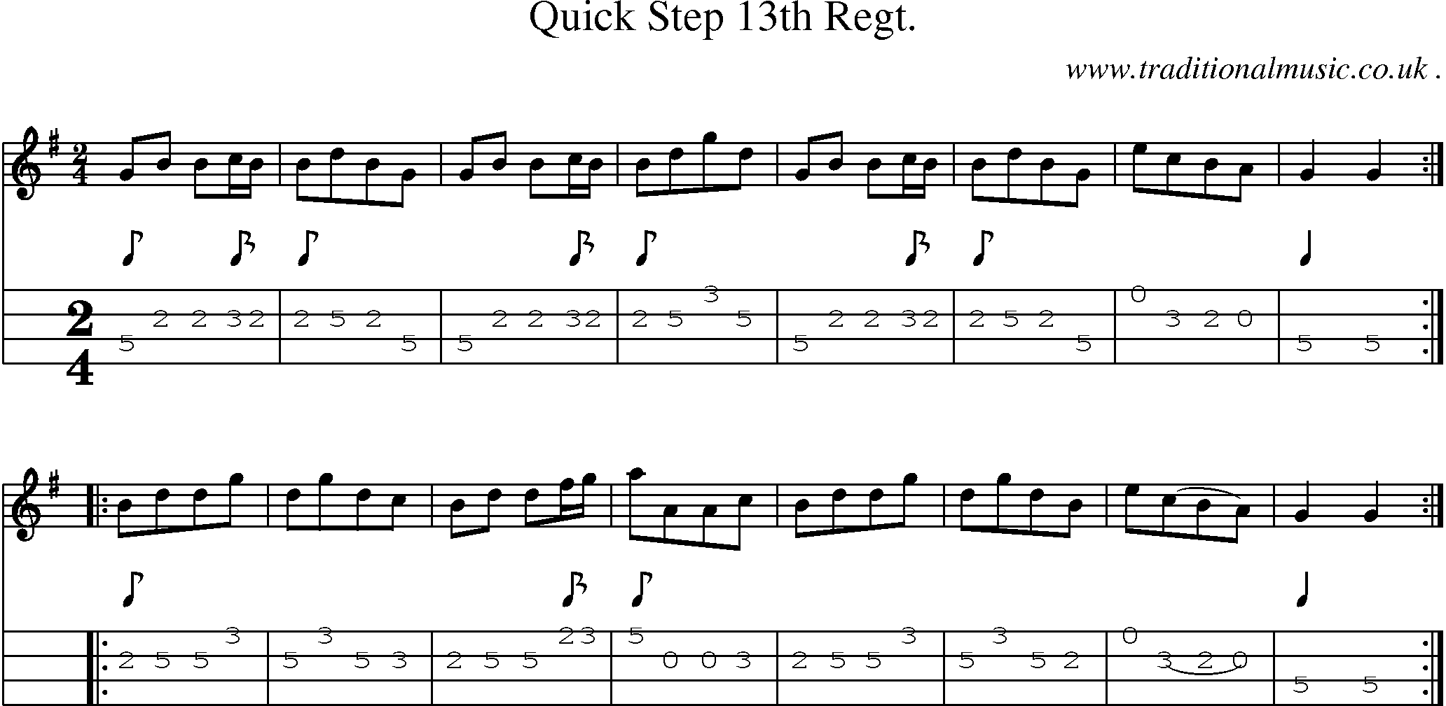Sheet-music  score, Chords and Mandolin Tabs for Quick Step 13th Regt