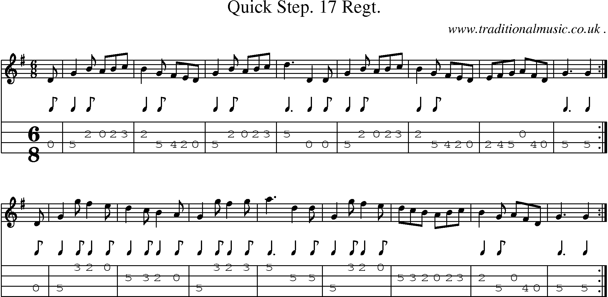 Sheet-music  score, Chords and Mandolin Tabs for Quick Step 17 Regt