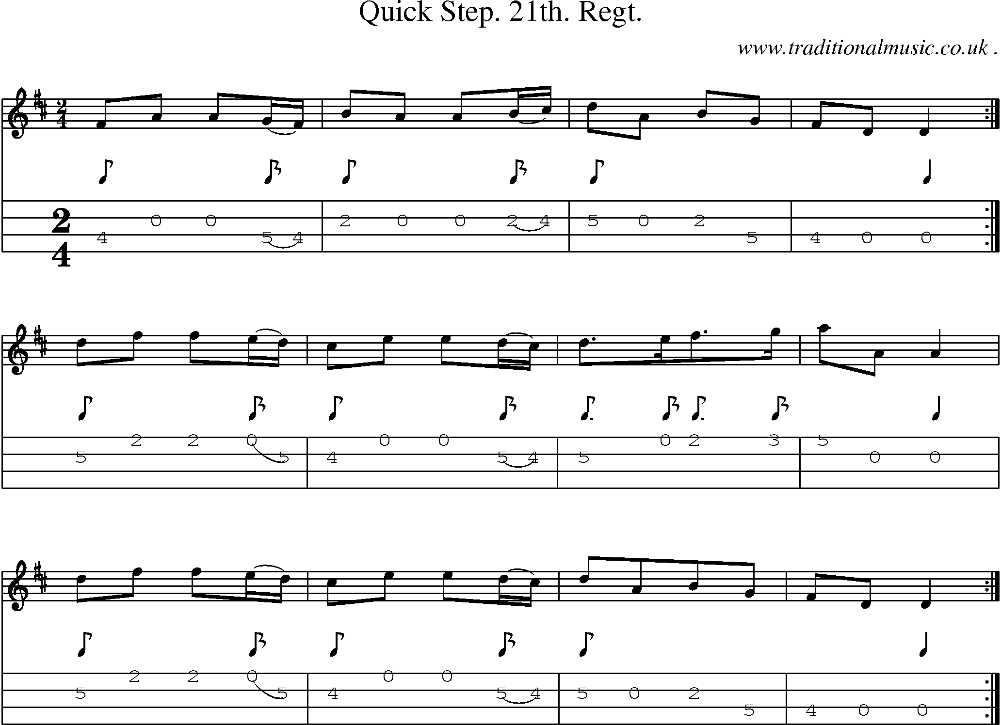 Sheet-music  score, Chords and Mandolin Tabs for Quick Step 21th Regt