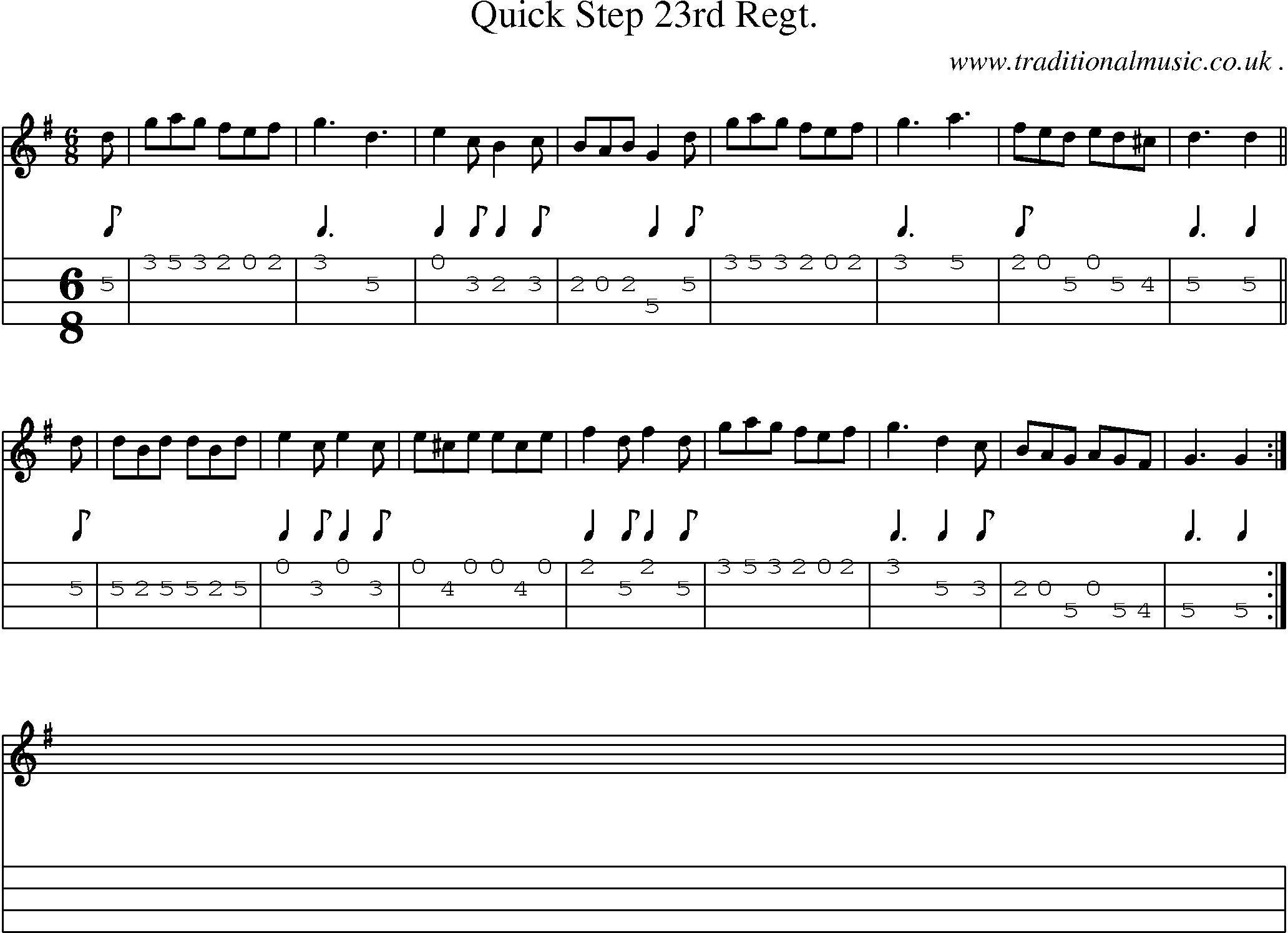Sheet-music  score, Chords and Mandolin Tabs for Quick Step 23rd Regt