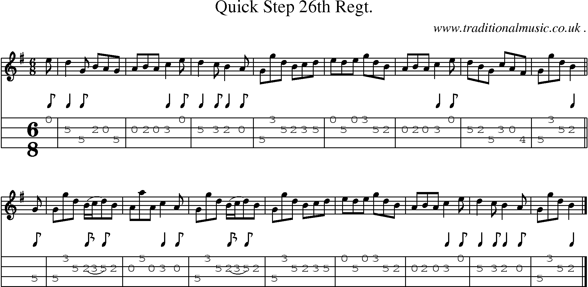 Sheet-music  score, Chords and Mandolin Tabs for Quick Step 26th Regt