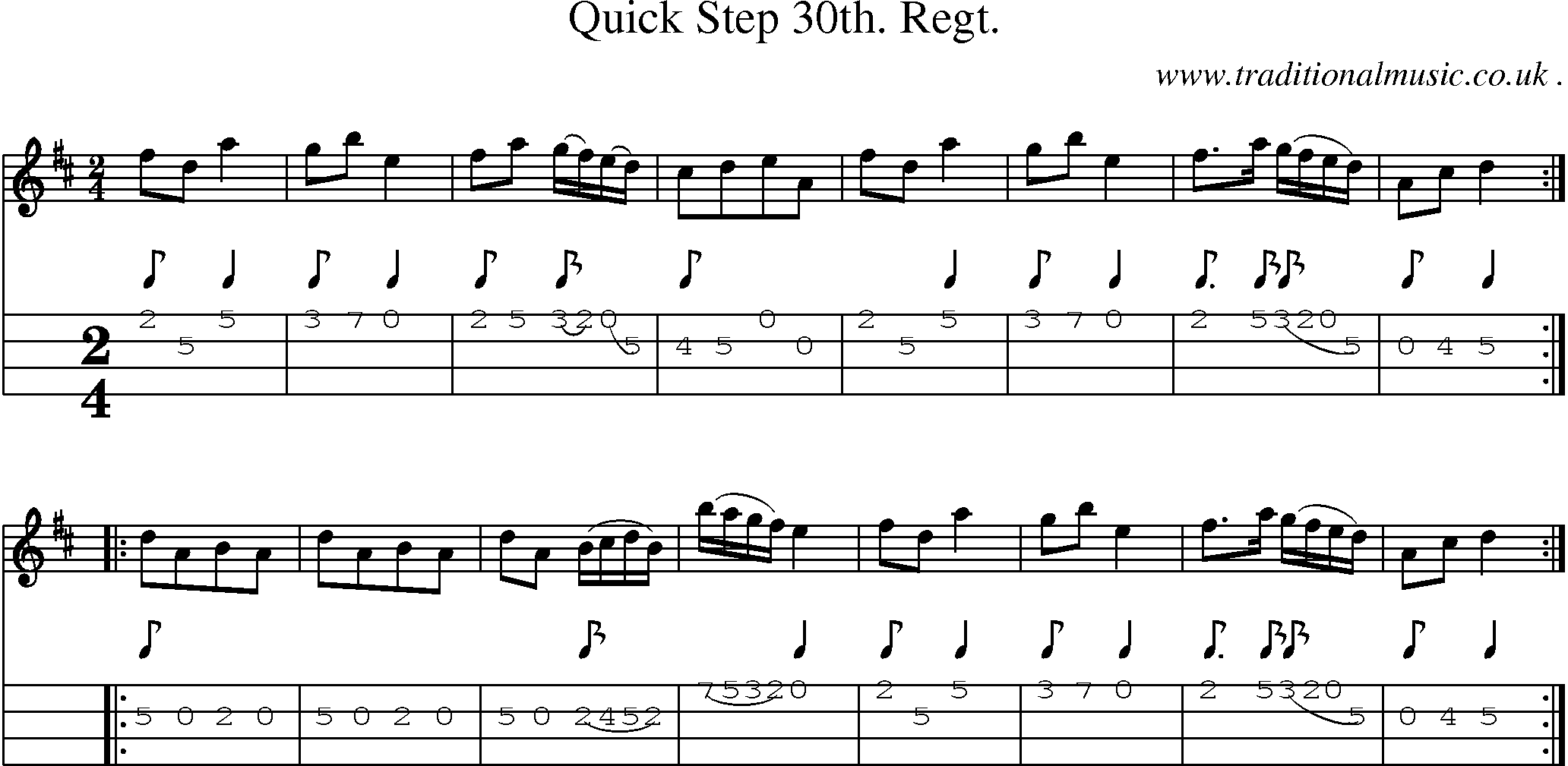 Sheet-music  score, Chords and Mandolin Tabs for Quick Step 30th Regt